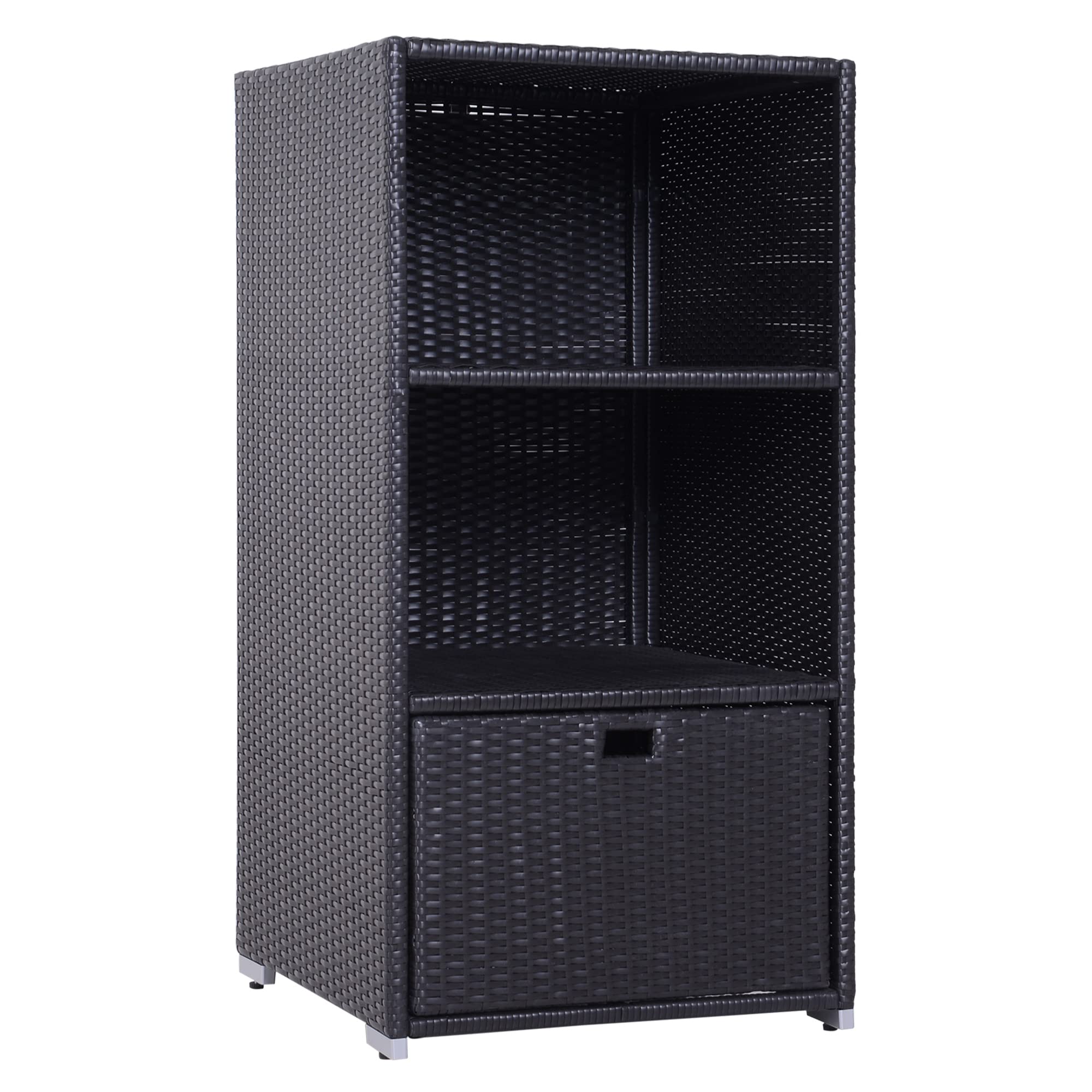 Outsunny Waterproof PE Plastic Rattan Wicker Valet Pool Towel Rack - 2 Shelves & 1 Basket Drawer for Spa, Hot Tub, Bathroom, and Outdoor Storage - Espresso Finish - Perfect for Poolside, Beach House, and Luxury Bathroom Organization