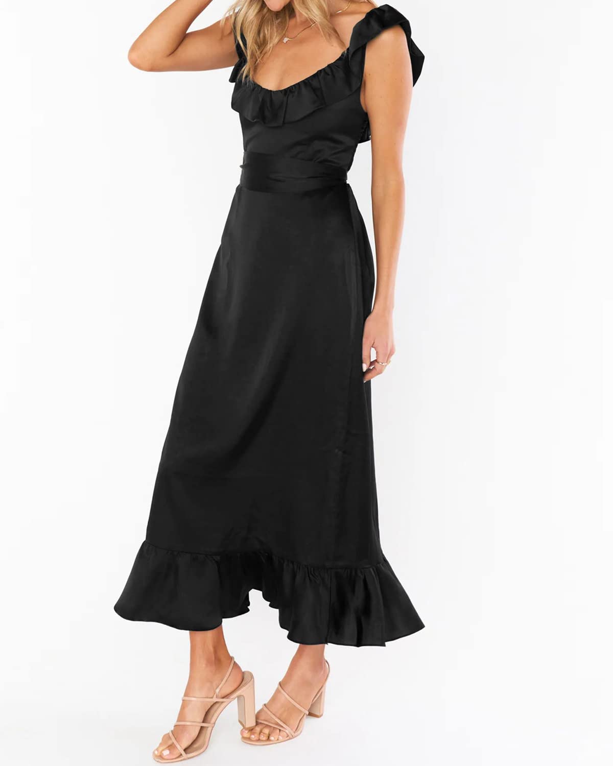 Houstil Women's Summer Wrap Maxi Dress - Ruffle Satin Sleeveless Tie Waist Beach Wedding Guest Bridesmaid Dresses for Vacation, Party & Special Occasions