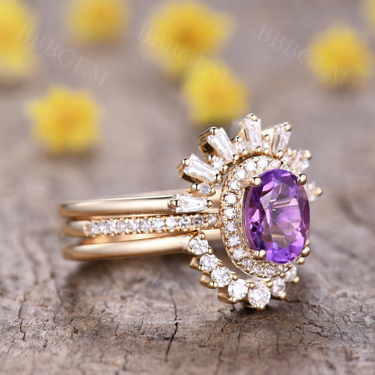 3pcs Vintage Oval Cut Purple Natural Amethyst Bridal Set Diamond Wedding Band Cocktail Ring for Women - Elegant Jewelry Gift for Brides, Engagement, Anniversary & Special Occasions