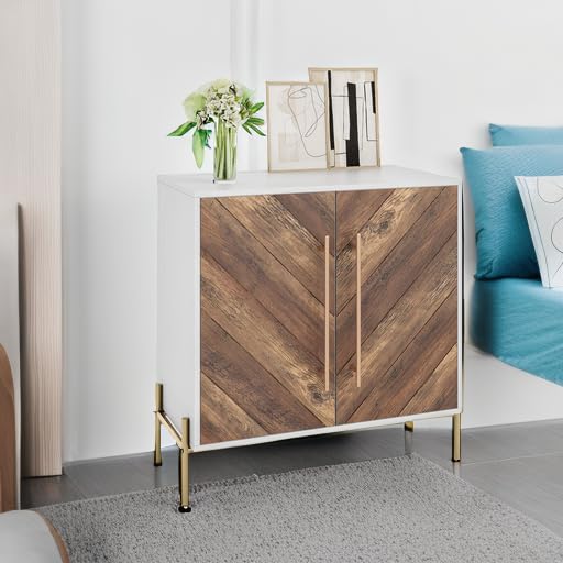 BELLEZE 32 Inch Rustic Oak Sideboard Buffet Cabinet - Large Storage Accent Cabinet with Console Table, Coffee Bar Table for Living Room, Kitchen or Entryway - Perfect for Home Organization & Entertaining Guests