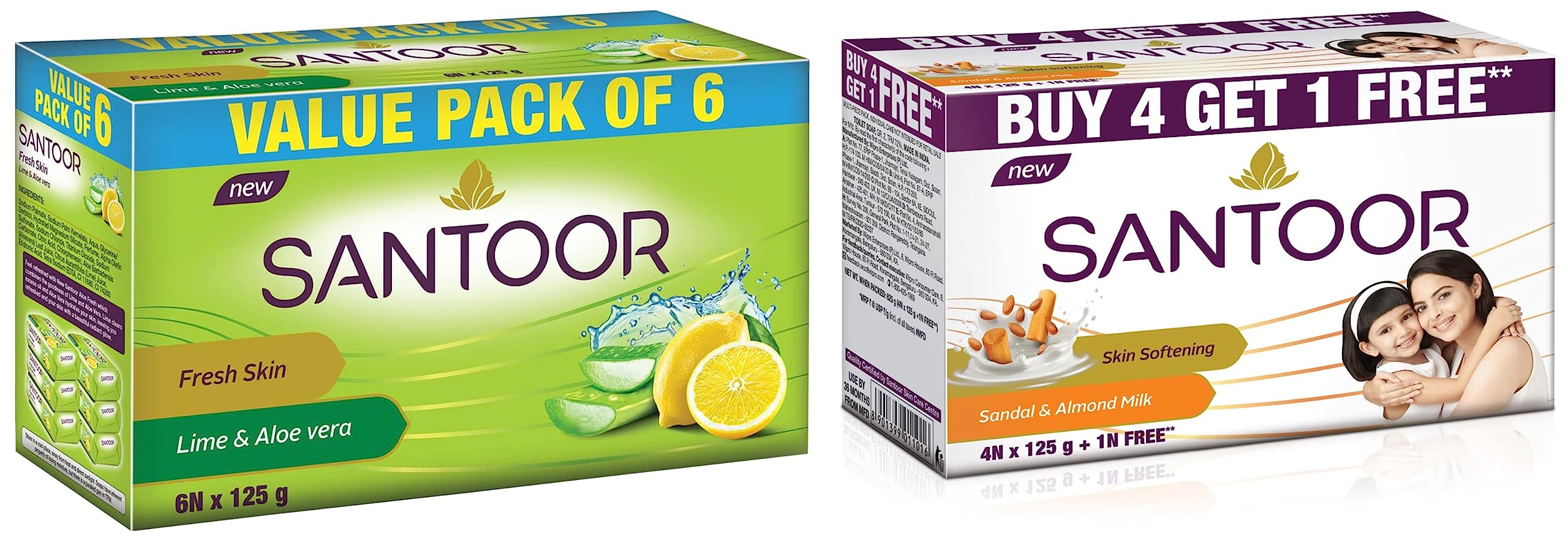 Santoor Aloe Fresh Soap 125g (Pack of 6) & Santoor Sandalwood Almond Milk Soap 125g (Buy 4 Get 1 Free) - Natural Skin Care for Dry & Sensitive Skin - Perfect for Daily Cleansing & Moisturizing