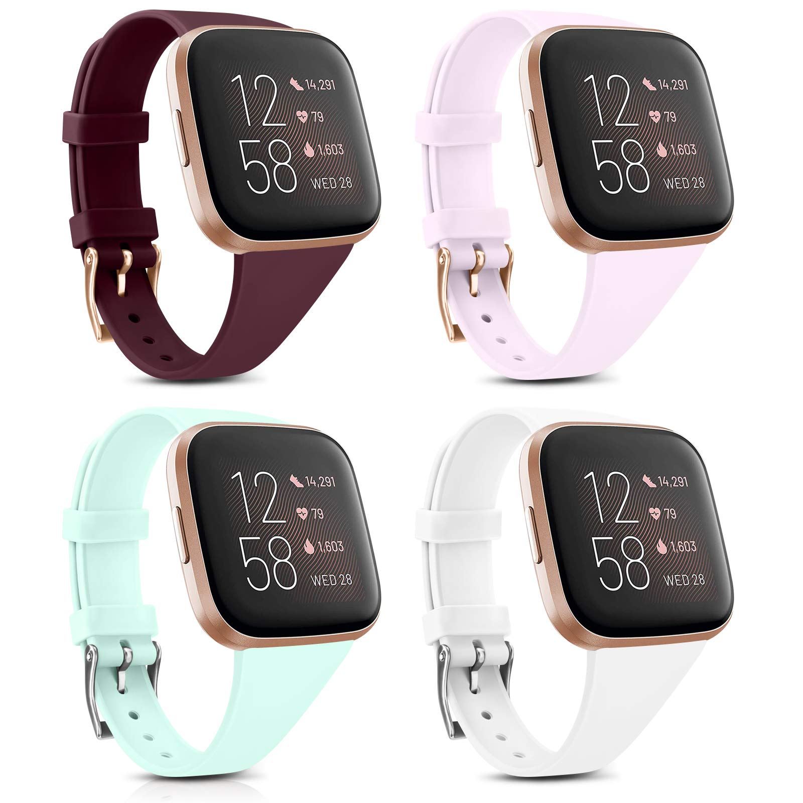 4 Pack Slim Silicone Replacement Bands for Fitbit Versa 2/Versa/Versa Lite/Versa SE - Soft Thin Narrow Smartwatch Wristbands for Women & Men (Large Size) - Perfect for Workouts, Running & Everyday Wear