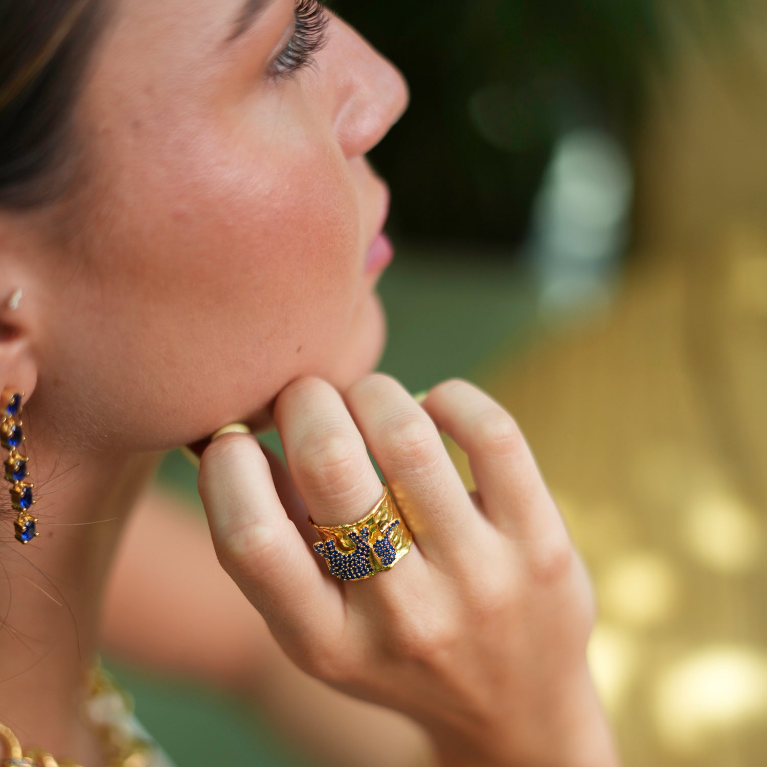 Guardian Sapphire Elephant Gold Chunky Adjustable Ring for Women - Elegant Boho Statement Jewelry for Everyday Wear, Gift Giving & Special Occasions