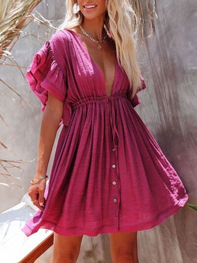 Boho Mini Dress with Drawstring Waist & Ruffled Half Sleeves - Perfect for Summer Festivals, Beach Vacations & Casual Outings