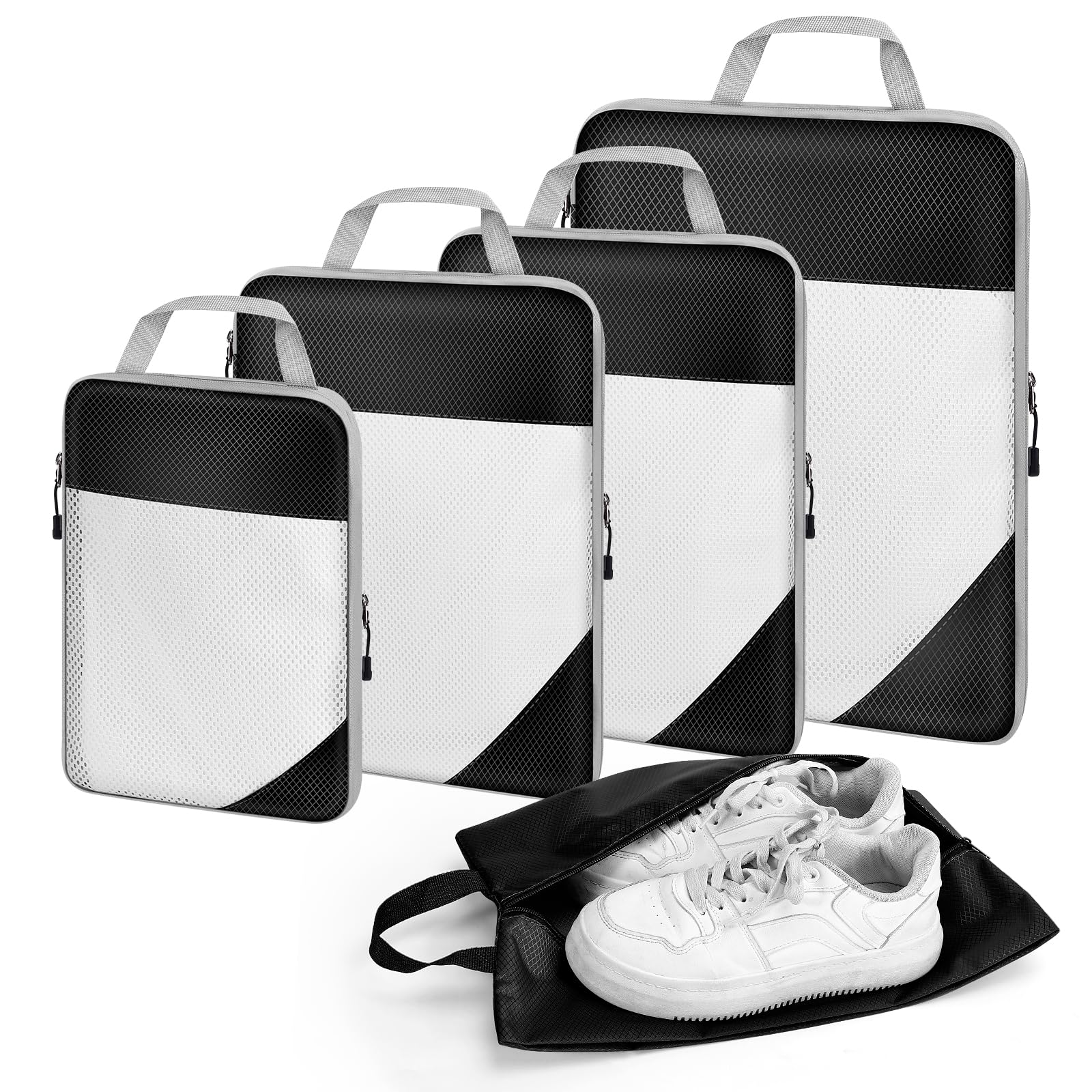 5-Piece Compression Packing Cubes Set - Travel Suitcase Organizer Bags for Luggage Compression & Space Saving - Perfect for Business Trips, Vacations & Weekend Getaways (Black)