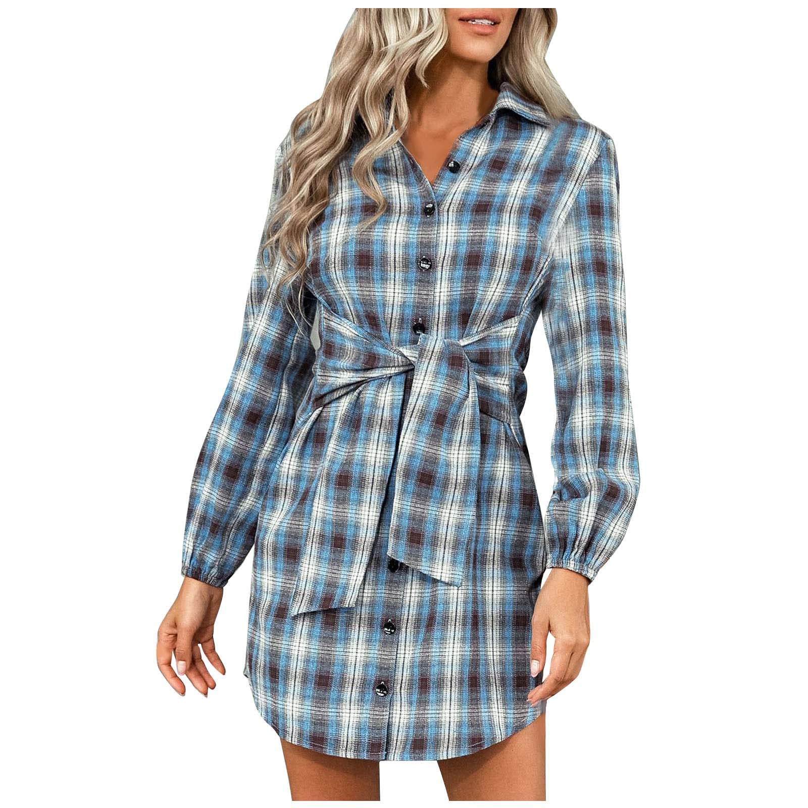 Women's Autumn Plaid Print Lapel Collar Long Sleeve Button Up Casual Mini Dress - Loose Fit Lace-Up Shirt Dress for Fall Outfits, Date Nights & Office Wear