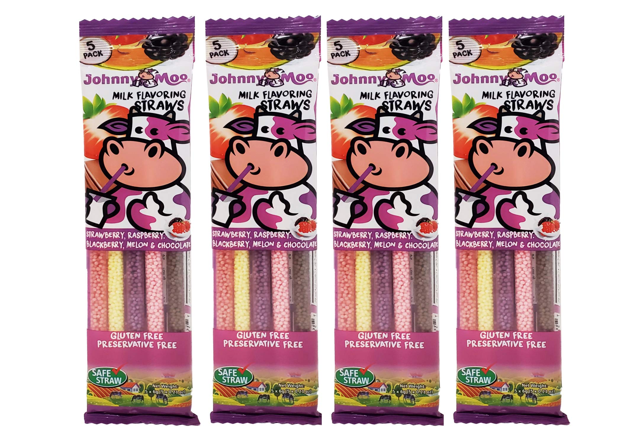 Johnny Moo Milk Flavoring Straws - Berry Variety Pack with Strawberry, Raspberry, Blackberry, Melon & Chocolate (20 Straws, 4 Packs of 5) | Fun Drink Enhancer for Kids Lunchboxes, School Snacks & Family Breakfast