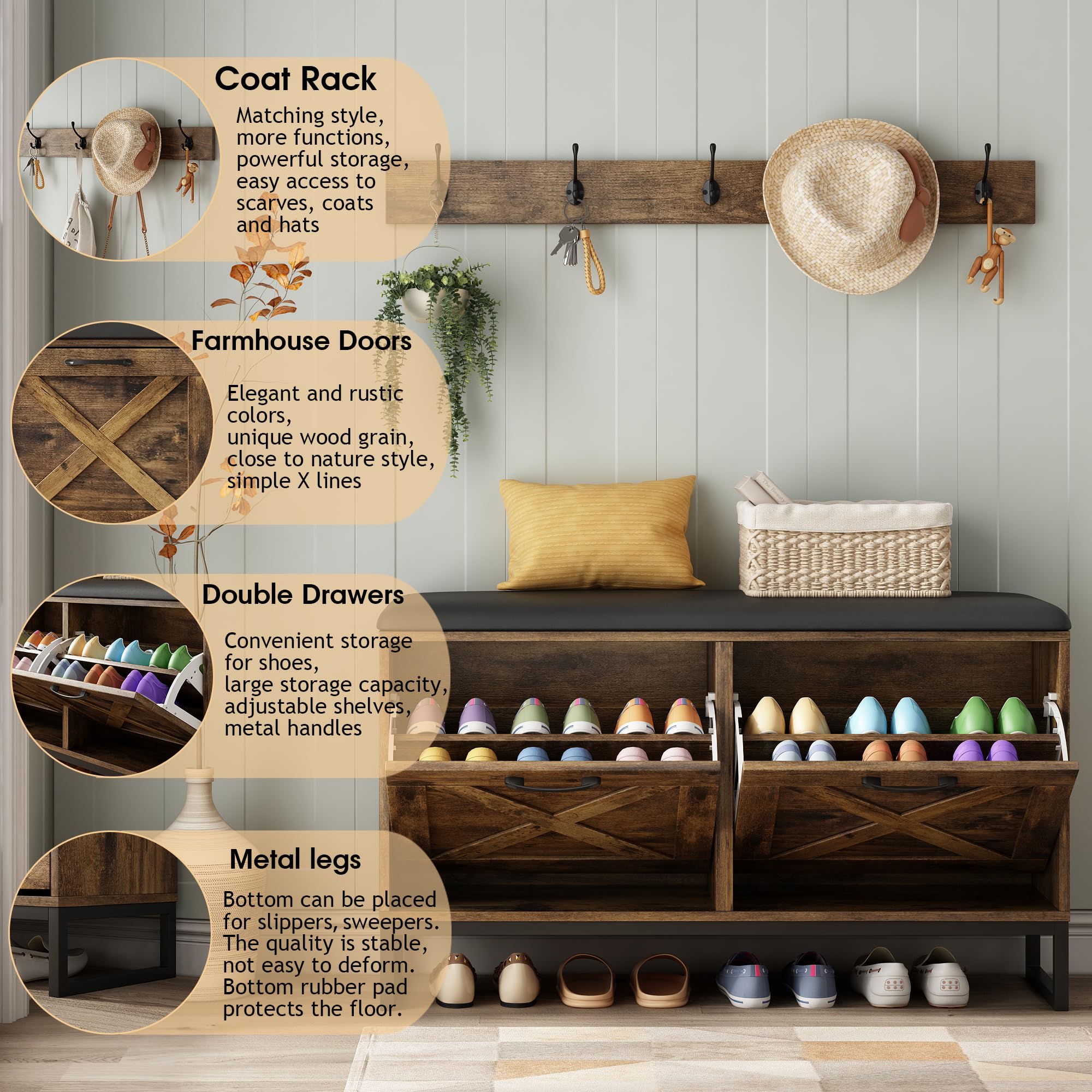Maupvit Shoe Cabinet with 2 Flip Drawers & Coat Rack - Entryway Storage Bench with Seat Cushion, 5 Large Metal Hooks - Locking Wall Mount for Stability - Rustic Brown Shoe Organizer for Hallway, Mudroom & Living Room