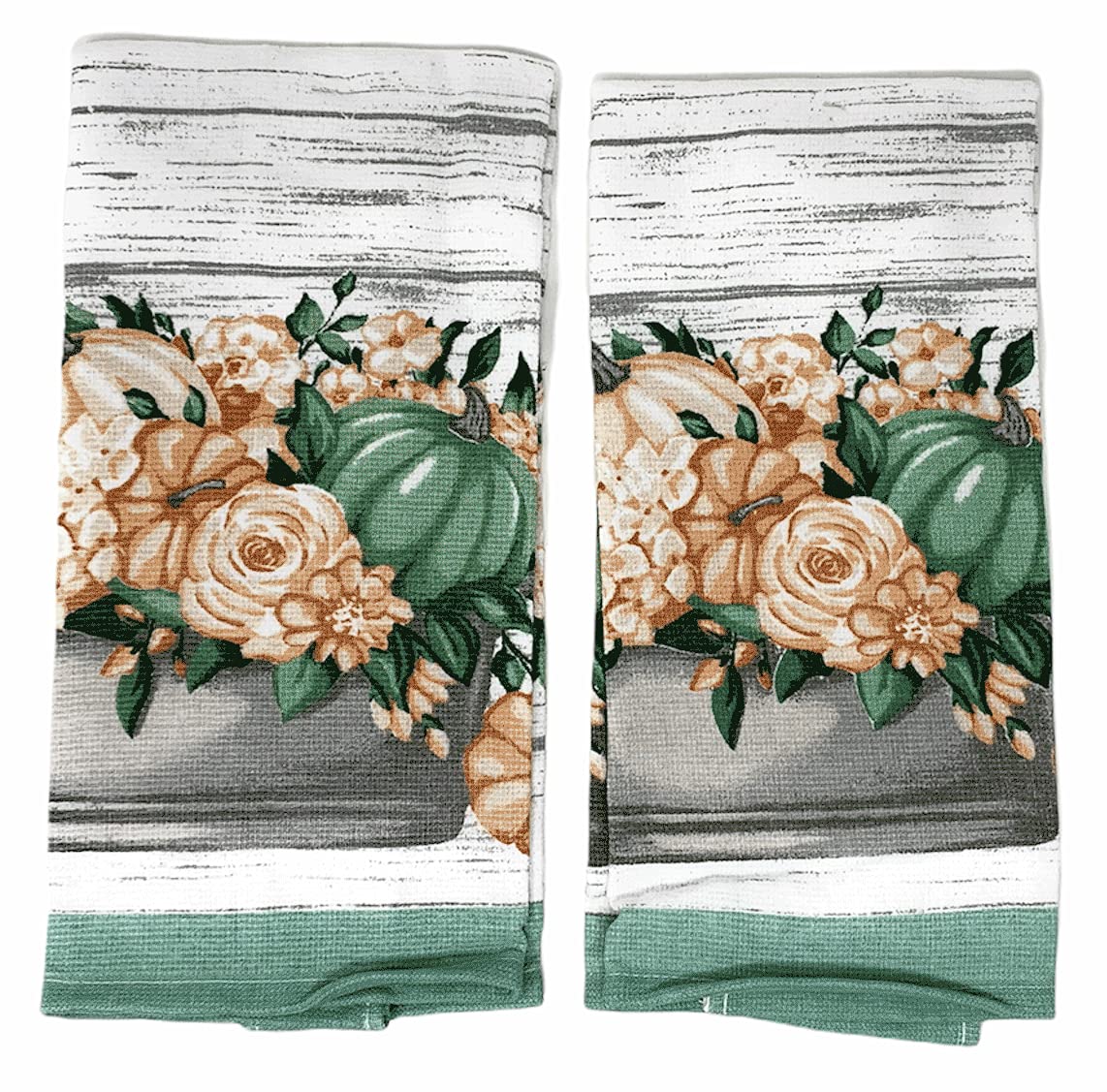 Premium Cotton Kitchen Towel Set - 2 Pack (Green & Peach Pumpkin Design) | Absorbent & Durable Dish Towels for Cooking, Baking & Home Decor | Farmhouse Style Kitchen Essentials