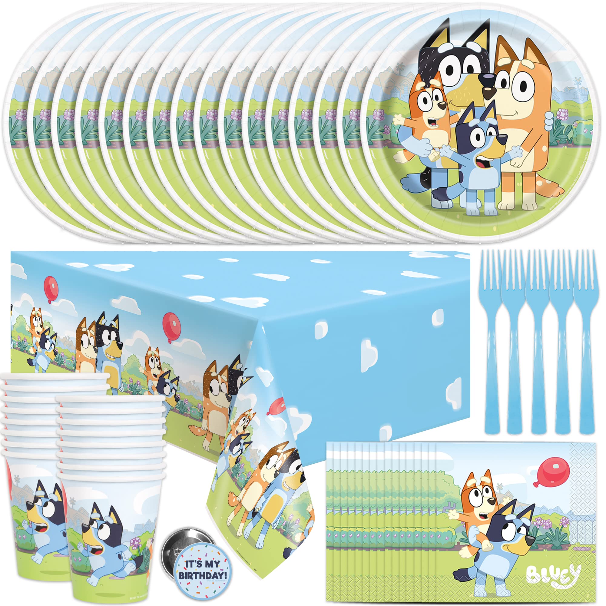 Bluey Birthday Party Decorations Set - Officially Licensed Tablecover, Plates, Cups, Napkins & Forks for 16 Guests | Unique Bluey Themed Party Supplies | Perfect for Kids Birthday Celebrations & Themed Events