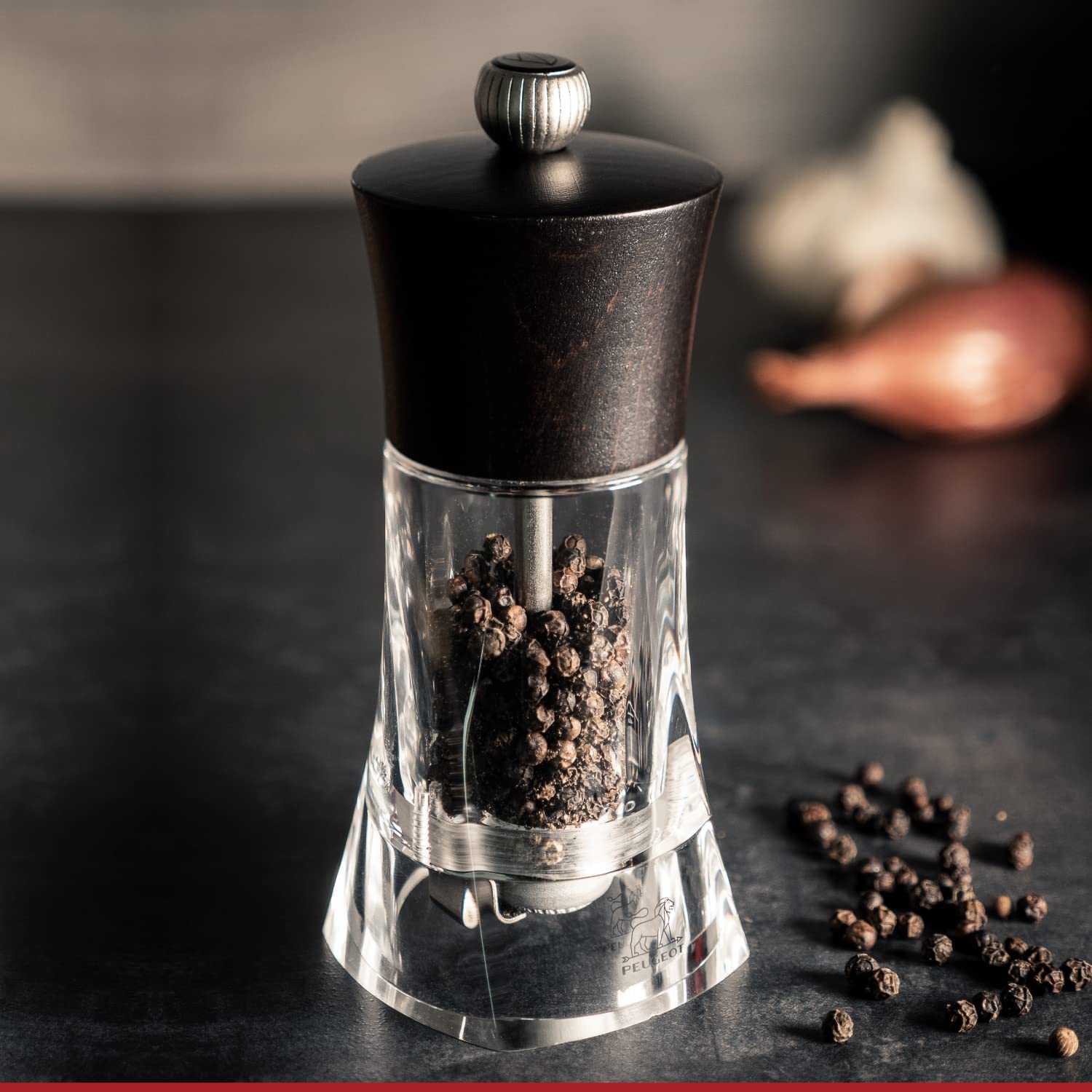 Peugeot Oleron Manual Salt Grinder - Adjustable Transparent Acrylic & Beechwood Mill - 5.5 Inch Chocolate Brown - Perfect for Kitchen, Dining Table & Gourmet Cooking