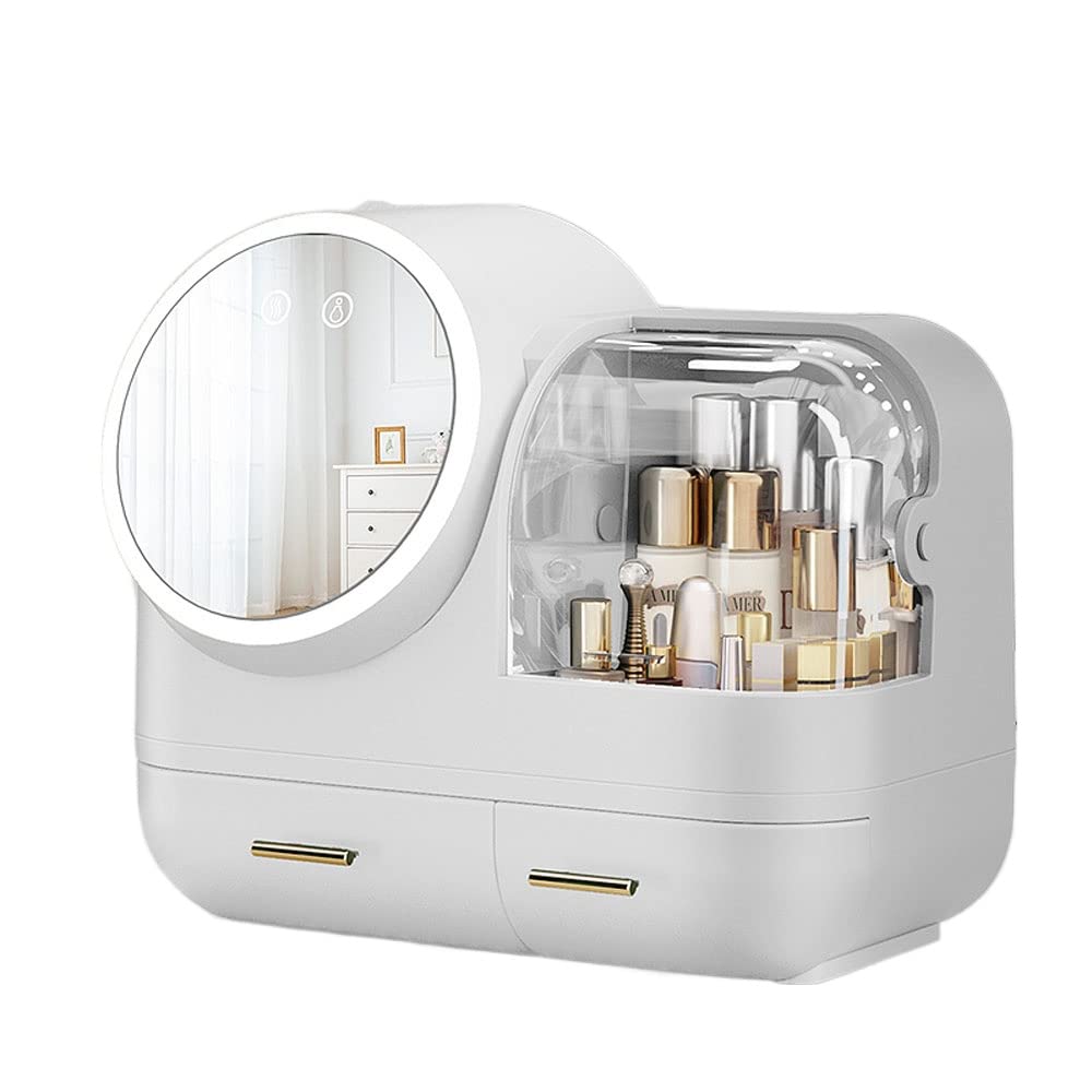 WLBHWL Makeup Organizer with Mirror & LED Light, Waterproof Dustproof Cosmetic Storage Box with Fan & Lid - Perfect for Vanity, Travel, and Salon Use