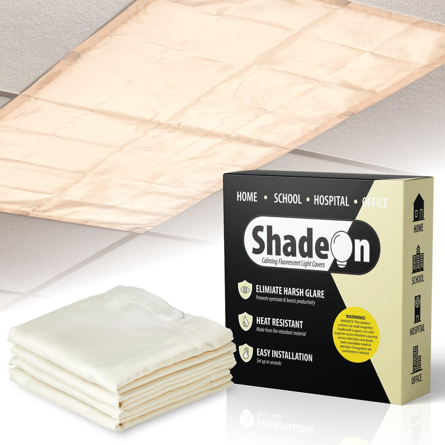 ShadeOn 2x4 ft Magnetic Fluorescent Light Covers (4-Pack) - Soft White Ceiling Light Panels for Classrooms & Offices - Reduce Glare & Eye Strain - Perfect for Schools, Hospitals & Workspaces