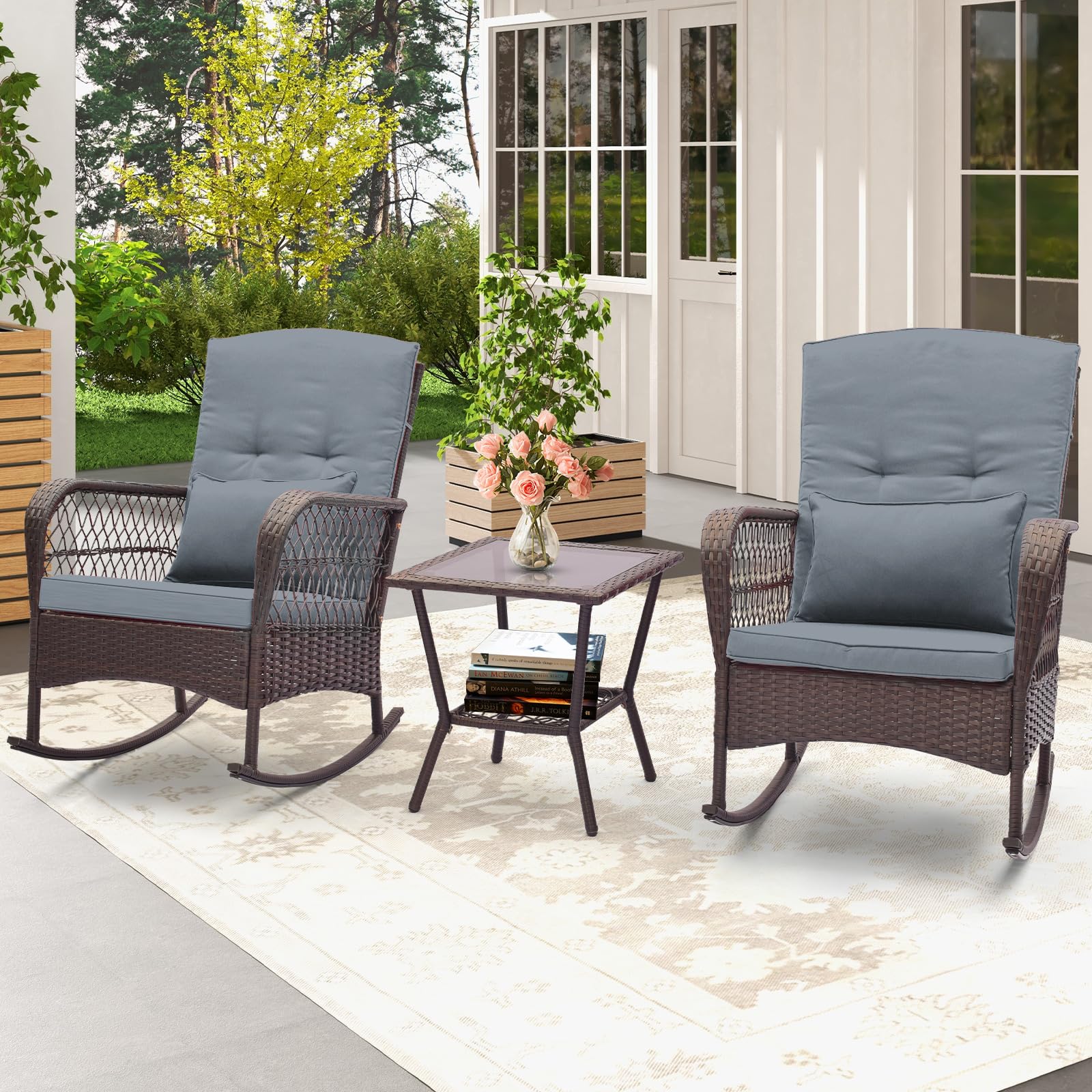 ORALNER 3-Piece Patio Furniture Set - Wicker Rocking Chairs with Cushions & Glass Coffee Table, Outdoor Rattan Bistro Set for Balcony, Porch, Poolside, Garden, Deck - Perfect for Relaxing, Entertaining & Outdoor Dining (Grey)