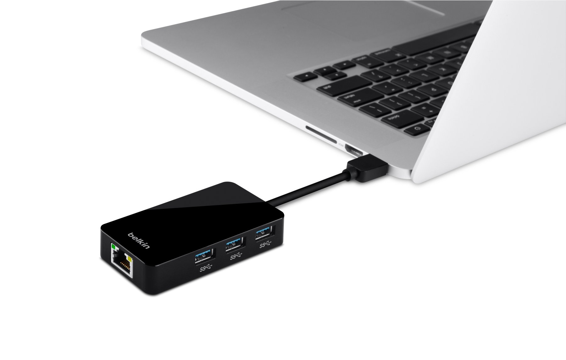Belkin 3-Port USB 3.0 Hub with Gigabit Ethernet Adapter - High-Speed Data Transfer & Wired Network Connection - Compact USB Splitter for Laptop, Desktop, MacBook - Perfect for Home Office, Gaming & Remote Work (Black)
