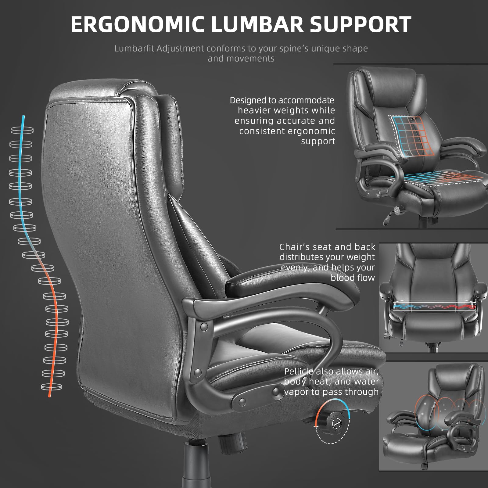 VITESSE 500lbs Heavy Duty Ergonomic Office Chair for Big & Tall - High Back Executive Chair with Lumbar Support for Back Pain Relief, Quiet Rubber Wheels (Grey) - Perfect for Long Work Hours & Home Office