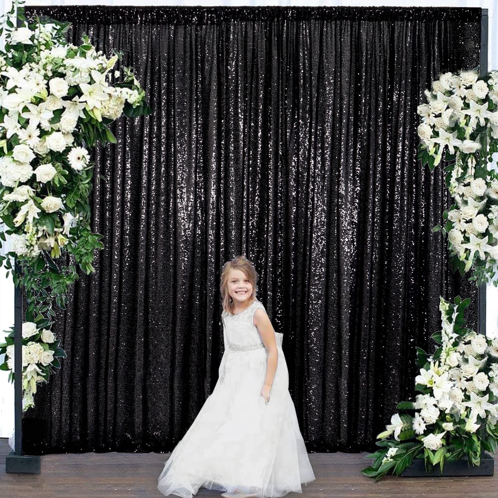 Black 8x8ft Sequin Backdrop Curtain - Sparkling Party & Wedding Photo Background - Perfect for Birthday Celebrations, Bridal Showers, and Glamorous Events (8ft x 8ft, Black)