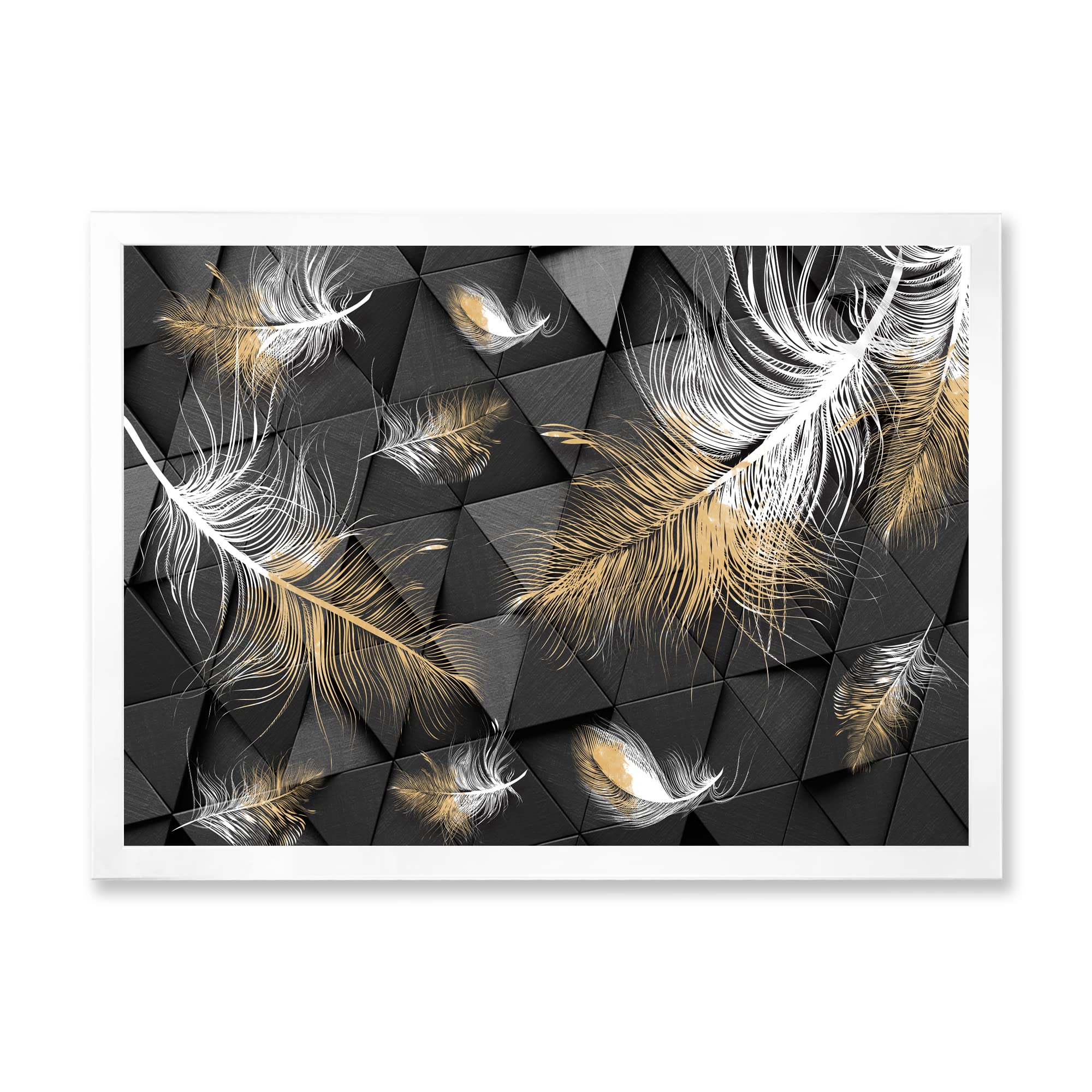 White and Gold Feathers Modern Triangular Framed Wall Art - Elegant Home Decor for Living Room, Bedroom & Office