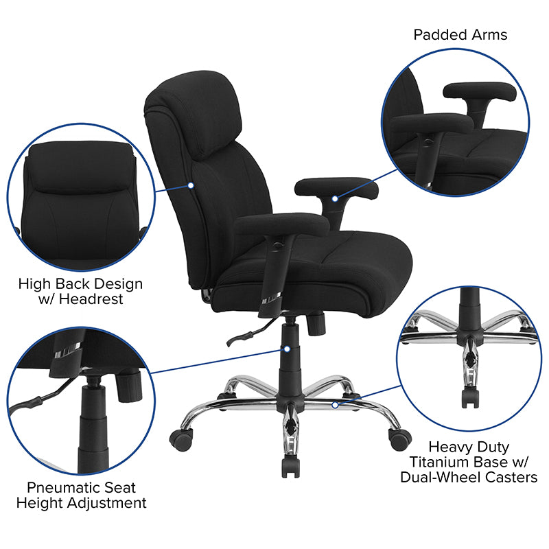 FLASH HERCULES Series Big & Tall Office Chair - 400 lb Weight Capacity, Ergonomic Black Fabric Task Chair with Adjustable Arms & Line Stitching - Perfect for Home Office, Gaming & Workspaces