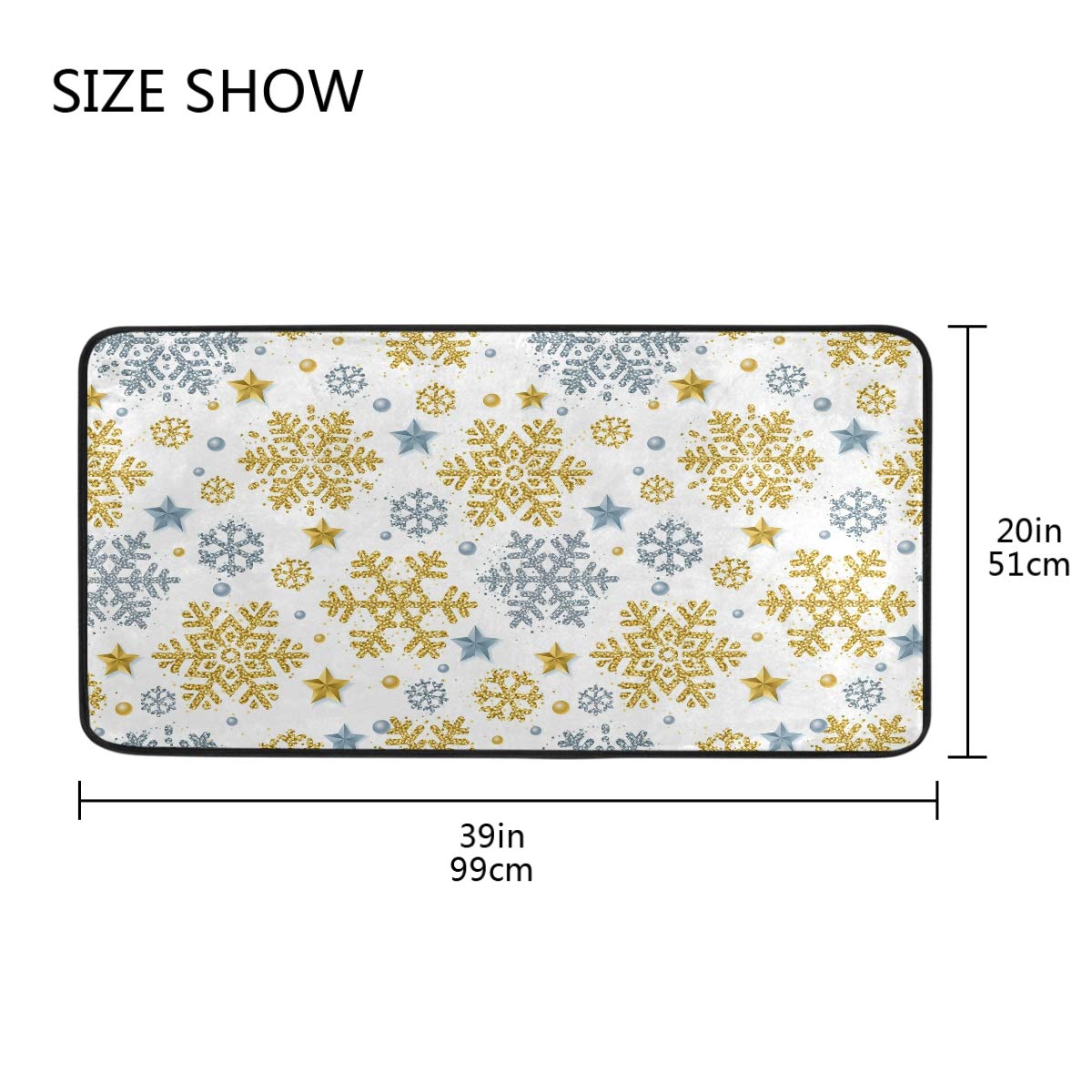 Festive Christmas Kitchen Rug - Gold & Silver Glitter Snowflake Design, Non-Slip Washable Floor Mat for Winter (39