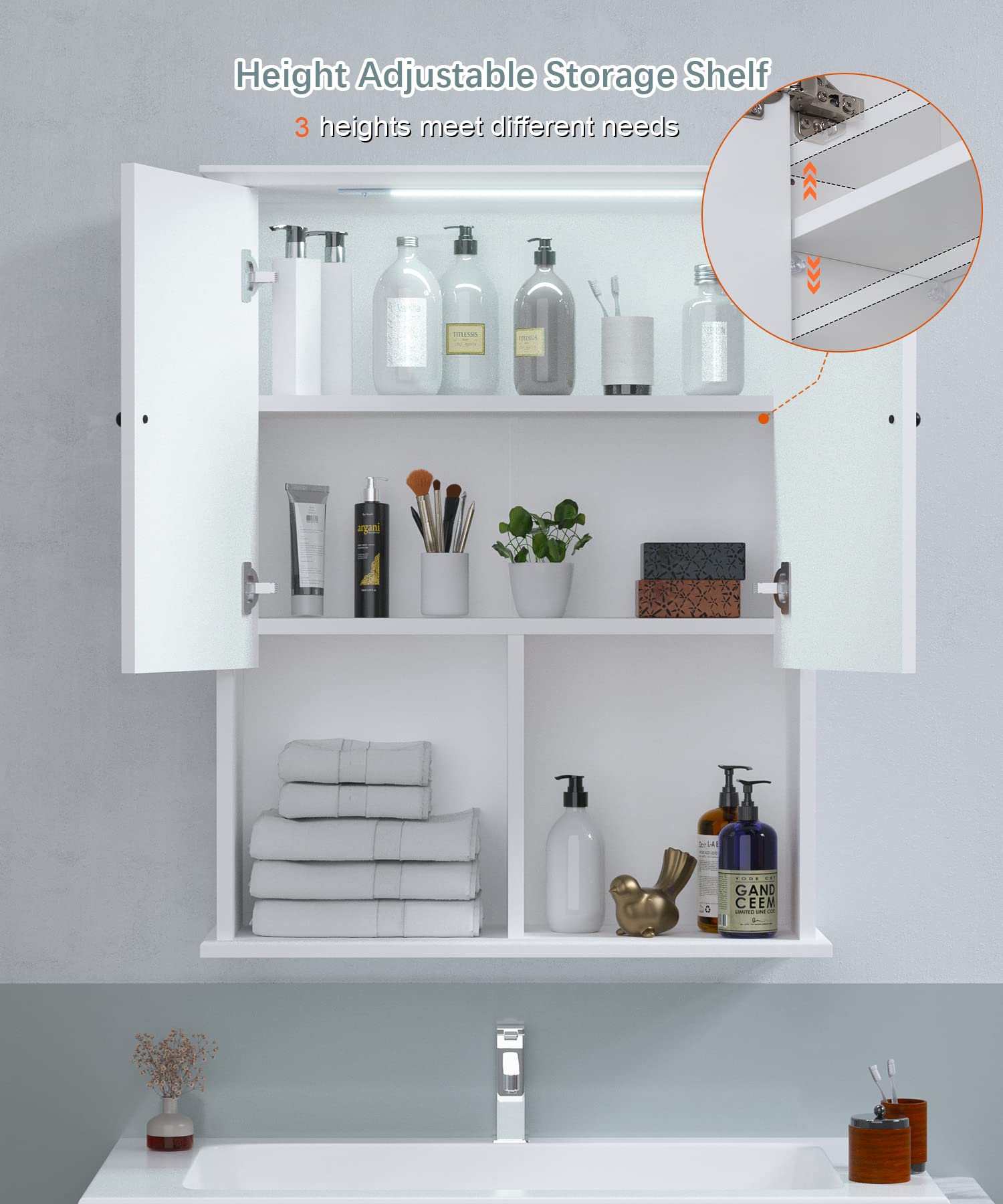 HAIOOU Motion Sensor LED Bathroom Wall Cabinet - Wooden Medicine Storage Cabinet with Adjustable Shelf, Buffering Hinges - Modern White Over Toilet Organizer for Bathroom, Bedroom & Home Decor