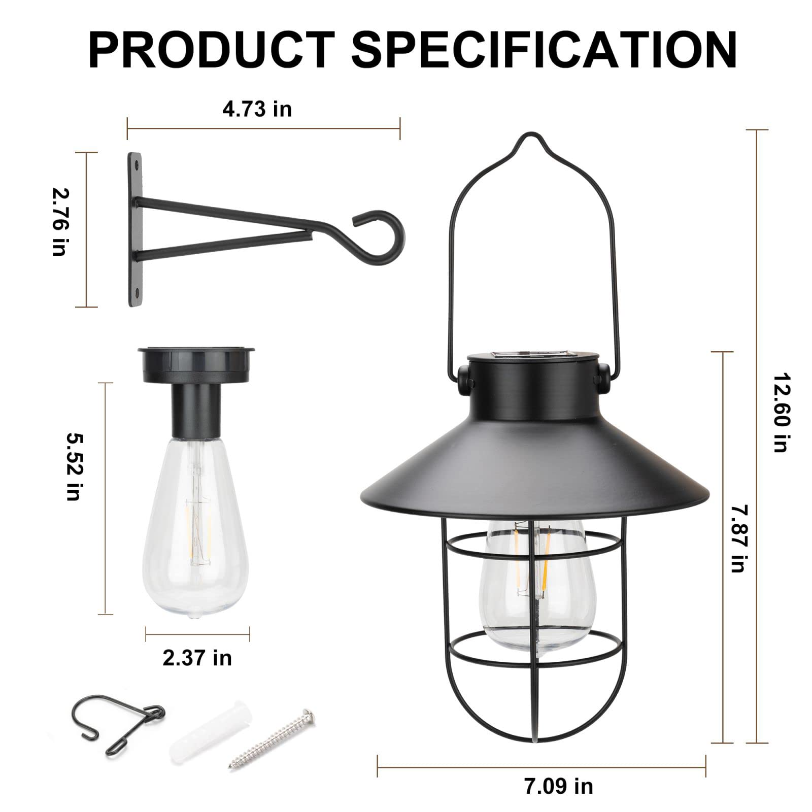 Pearlstar Solar Powered Outdoor Hanging Lights - Waterproof Metal Solar Lanterns for Garden, Patio, Yard, Balcony, Porch & Fence Decor - Warm White Edison Bulb with Wall Mount Kit (Black, 1 Pack) - Perfect for Evening Gatherings, Pathway Lighting & Outdoor Ambiance