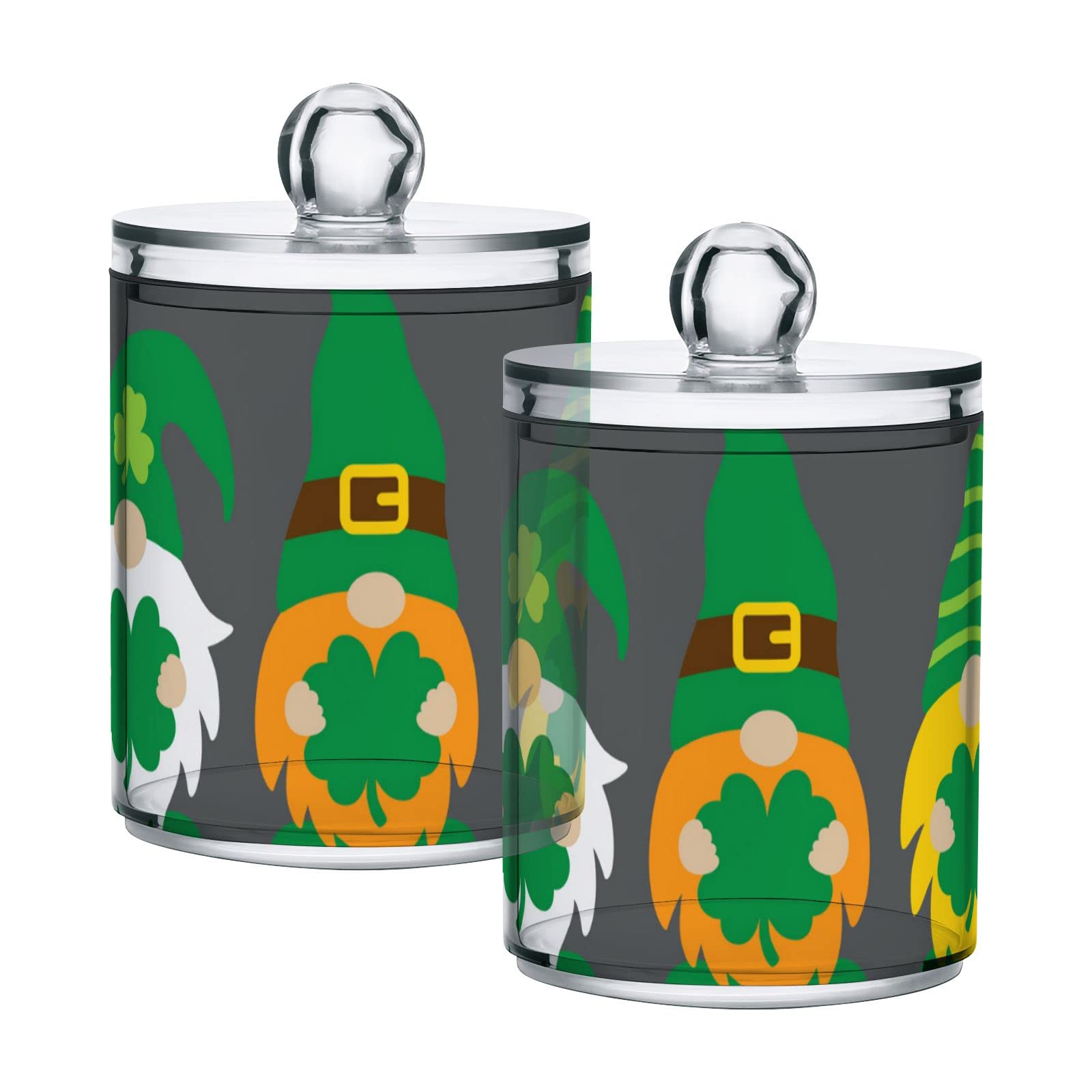 St. Patrick's Day Irish Gnomes Green Hat Shamrock Plastic Storage Jars with Lids - Set of 4 Translucent 10oz Food Containers for Cotton Swabs, Tea, Cookies | Perfect for Kitchen Pantry Organization & Party Decor