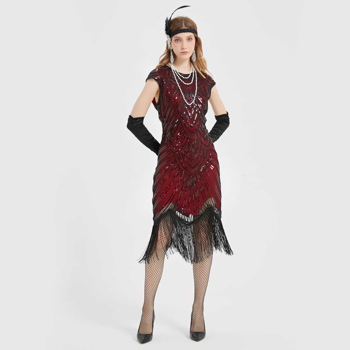1920s Flapper Dress for Women - Vintage Sequin Lace Fringed Cocktail Dress with 20s Accessories Set | Great Gatsby Party, Roaring 20s Costume, Halloween & Themed Events
