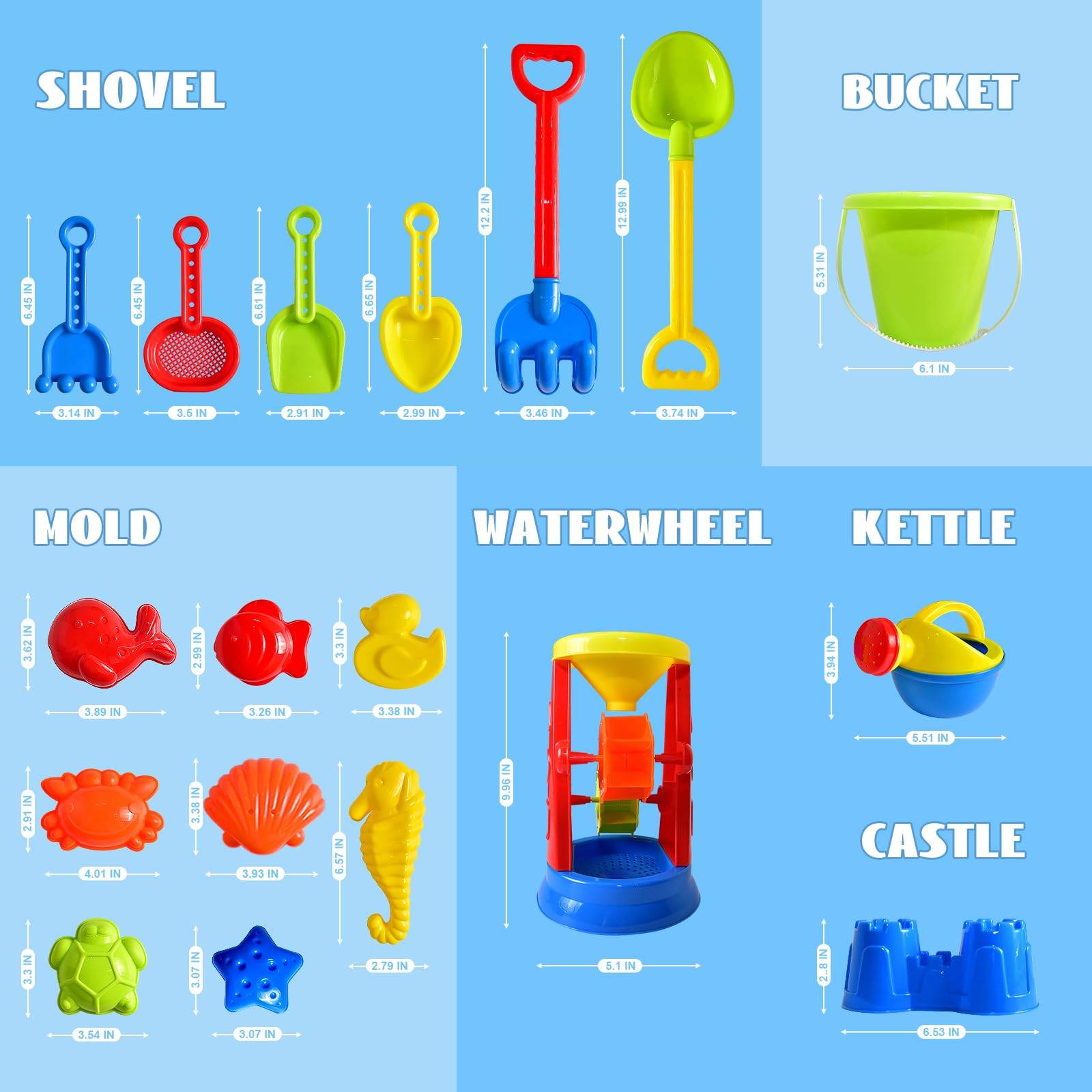 19-Piece Beach Toys Set for Kids - Sandbox Toys with Water Wheel, Bucket, Watering Can, Molds & Mesh Bag - Perfect for Travel & Outdoor Play - Ages 3-13