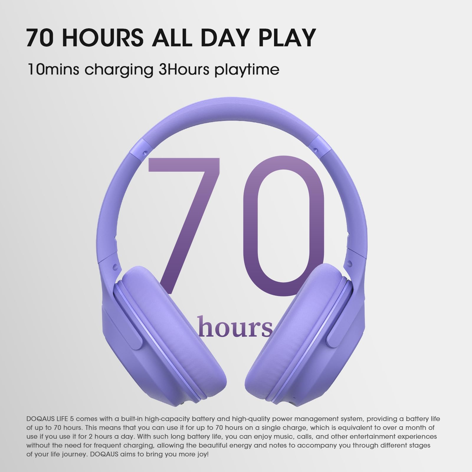 DOQAUS Wireless Bluetooth Headphones with Microphone - 70 Hours Playtime, Hi-Fi Stereo Sound, 3 EQ Modes, Foldable Design for iPhone, Android, PC - Perfect for Travel, Office & Gaming (Purple)