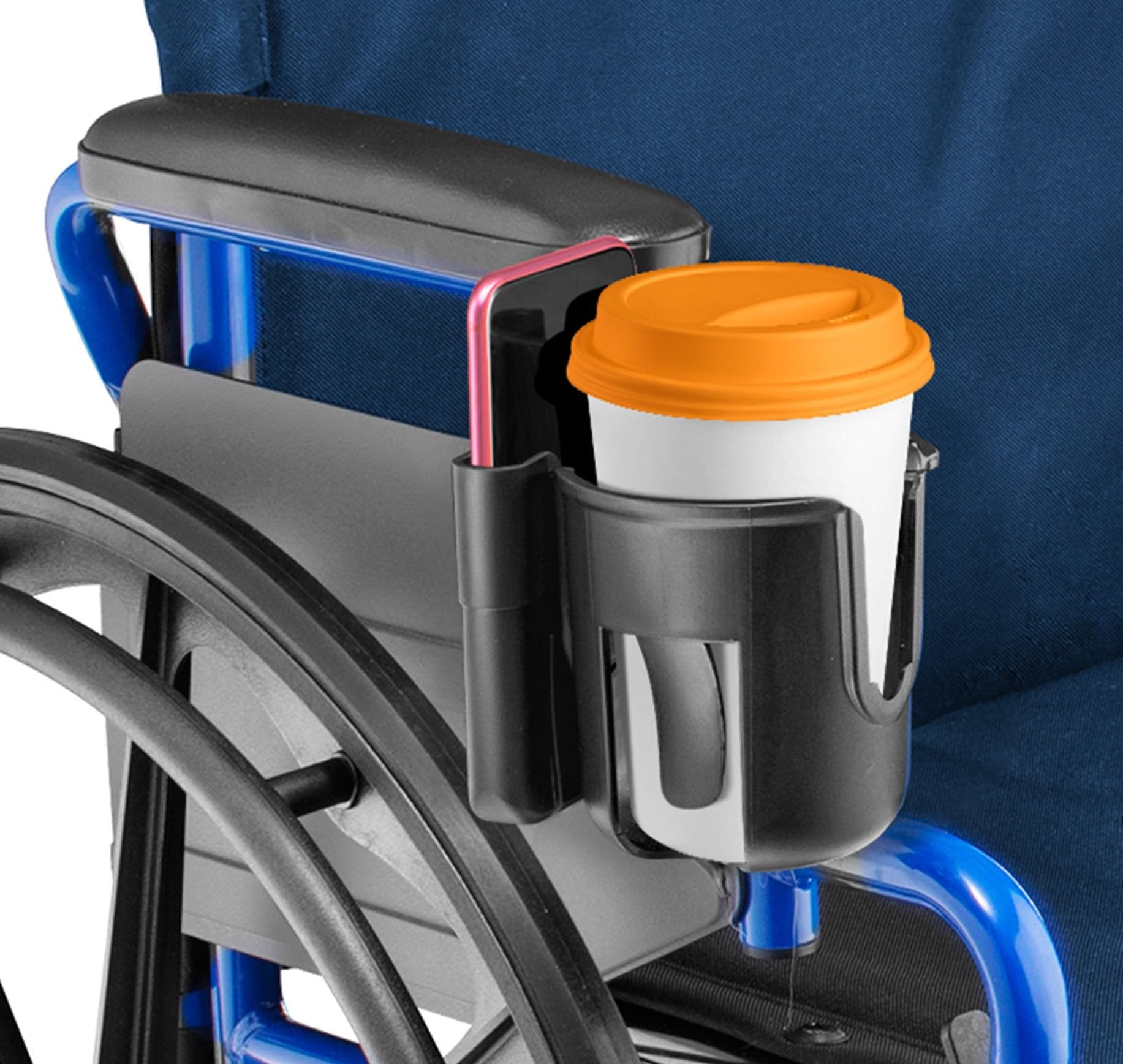 2-in-1 Clamp-On Wheelchair Cup Holder & Phone Mount - Adjustable Drink & Smartphone Caddy for Mobility Scooters & Wheelchairs - Perfect for Outdoor Activities, Travel & Daily Use