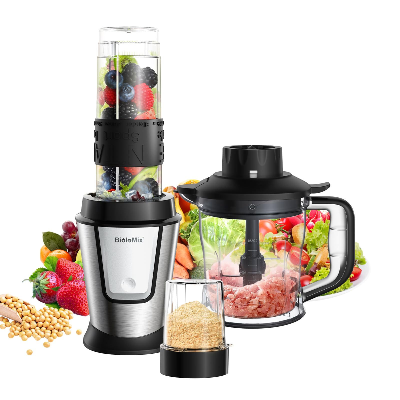 BioloMix 700W Blender and Food Processor Combo - 7-in-1 Multi-Function Kitchen Appliance for Juicing, Grinding, Chopping & Mixing | Perfect for Smoothies, Coffee Spice, Meat & Fruits | Compact & Portable for Home, Office & Travel Use