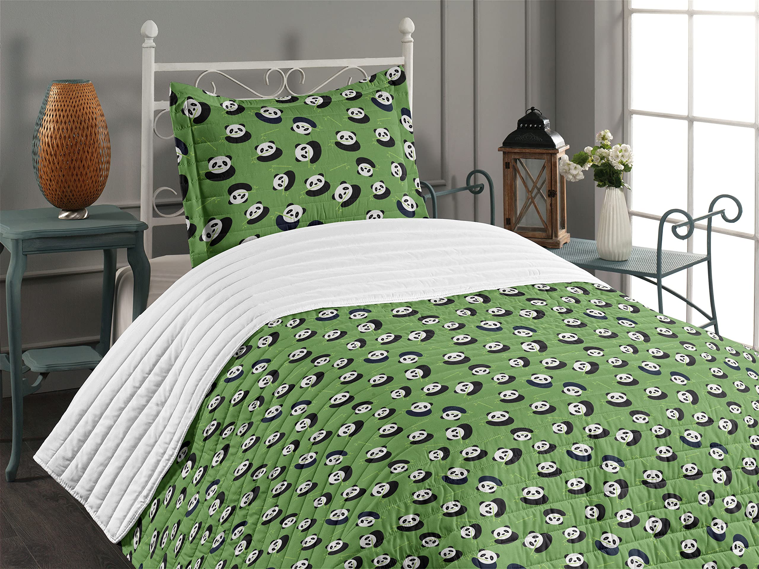 Lunarable Panda Microfiber Bedspread Set - Cartoon Asian Bear Animal Eating Branches Nature Wildlife Design, Soft Twin Size Bedding with Pillow Shams & Comforter in White Black Green - Perfect for Kids' Rooms, Wildlife Themed Decor, and Cozy Bedroom Makeovers