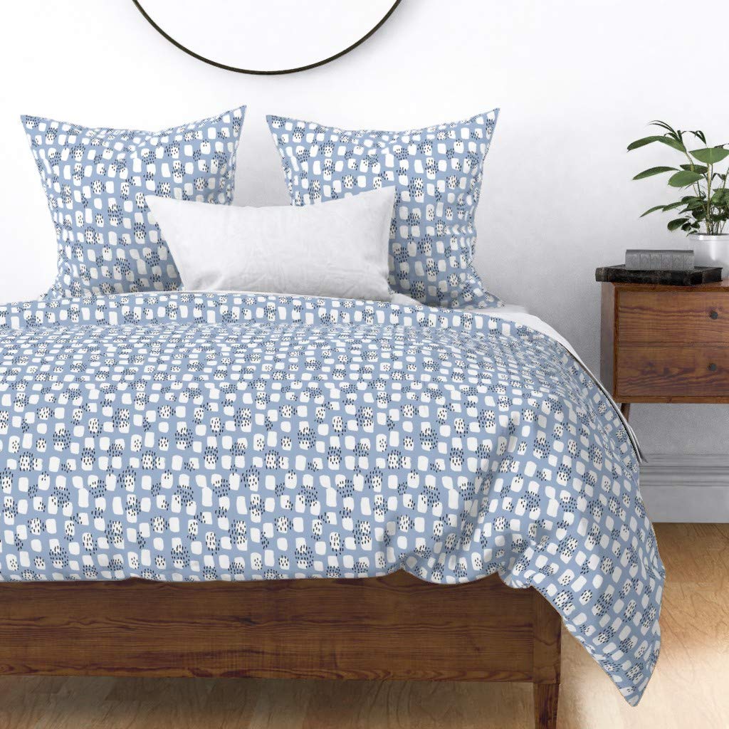 Custom Scandinavian Blue Winter Paint Print Cotton Sateen Duvet Cover - Twin Size Abstract White Spots Textured Brush Ink Design | Perfect for Cozy Bedrooms, Guest Rooms & Winter Home Decor
