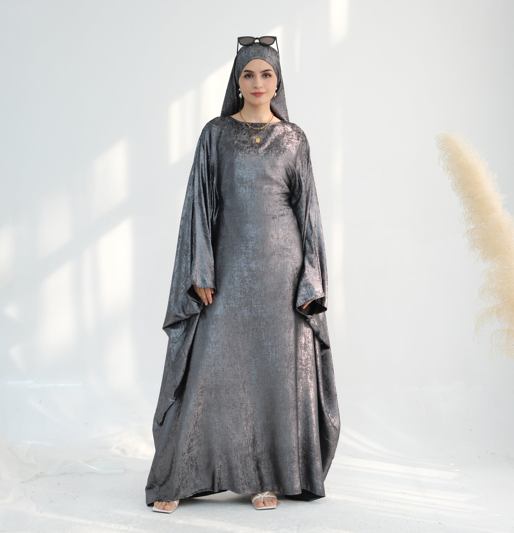 Linora Shimmer Butterfly Abaya - Elegant Gray Islamic Dress for Women | Perfect for Eid, Ramadan & Special Occasions