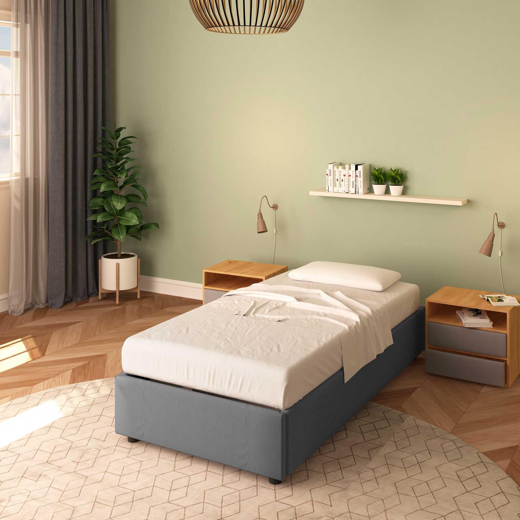 Baldiflex Cloe Square and Half Bed with Fabric Storage Container, No Headboard, Slatted Base for Mattresses, 100 x 200 cm, Anthracite Gray - Perfect for Small Bedrooms, Guest Rooms & Space-Saving Storage Solutions