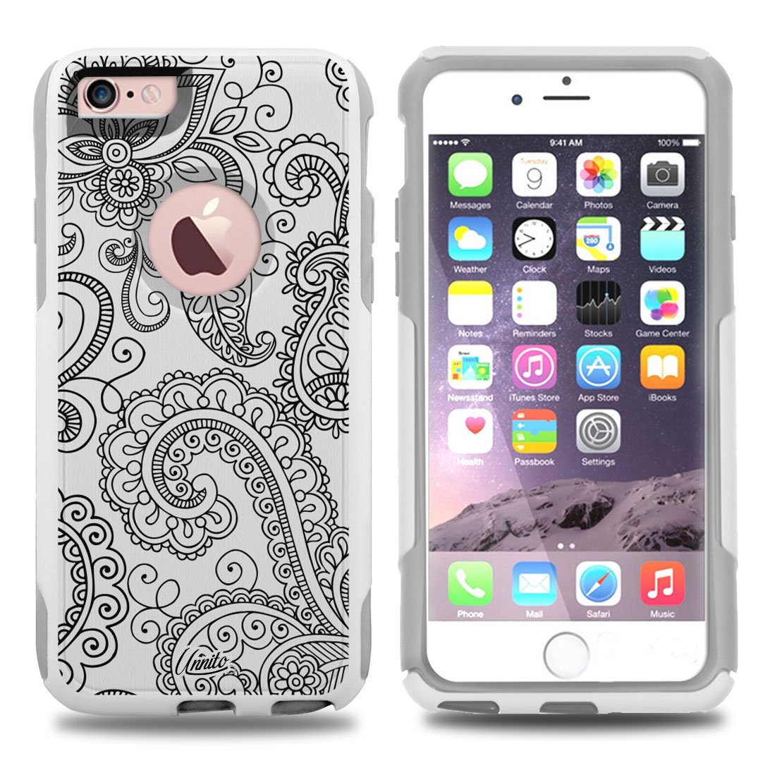 Unnito iPhone 6/6S Case - Slim Hybrid Commuter Cover with Hard Shell & Soft Inner Layer | Protective Phone Case for Women & Men | Perfect for Work, Travel & Everyday Use | White Henna Paisley Design