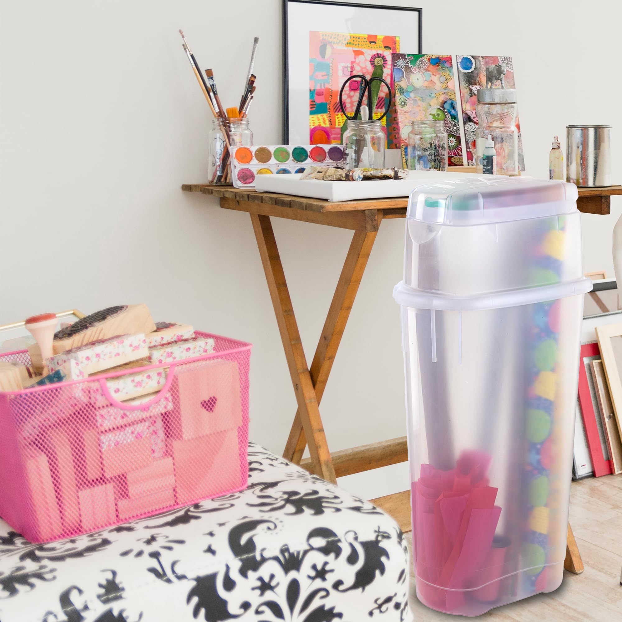 Rubbermaid Wrap N' Craft Plastic Wrapping Paper Organizer - Clear Storage Container with Top Compartment for 20 Standard 30