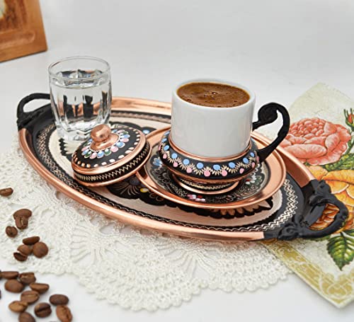 Authentic Turkish Copper Coffee Set for 2 - Handcrafted Arabic Greek Coffee Serving Set with Pure Copper Espresso Cups & Elegant Tray - Perfect for Home Brewing, Gift Giving & Traditional Coffee Ceremonies