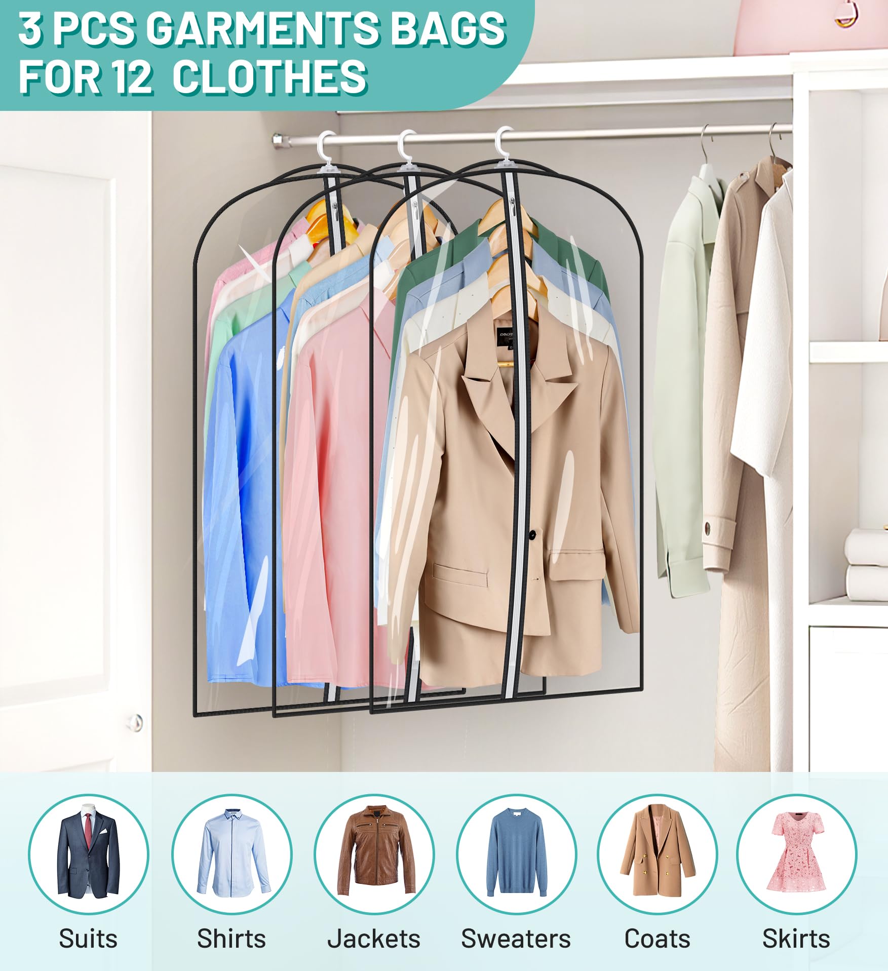 SLEEPING LAMB Clear Garment Bags for Clothes Storage - 43 Inch Plastic Suit Covers with Space Saving Hangers (4 Holes) - Perfect for Shirts, Coats, Jackets & Closet Organization - 3 Pack for Travel & Home Use