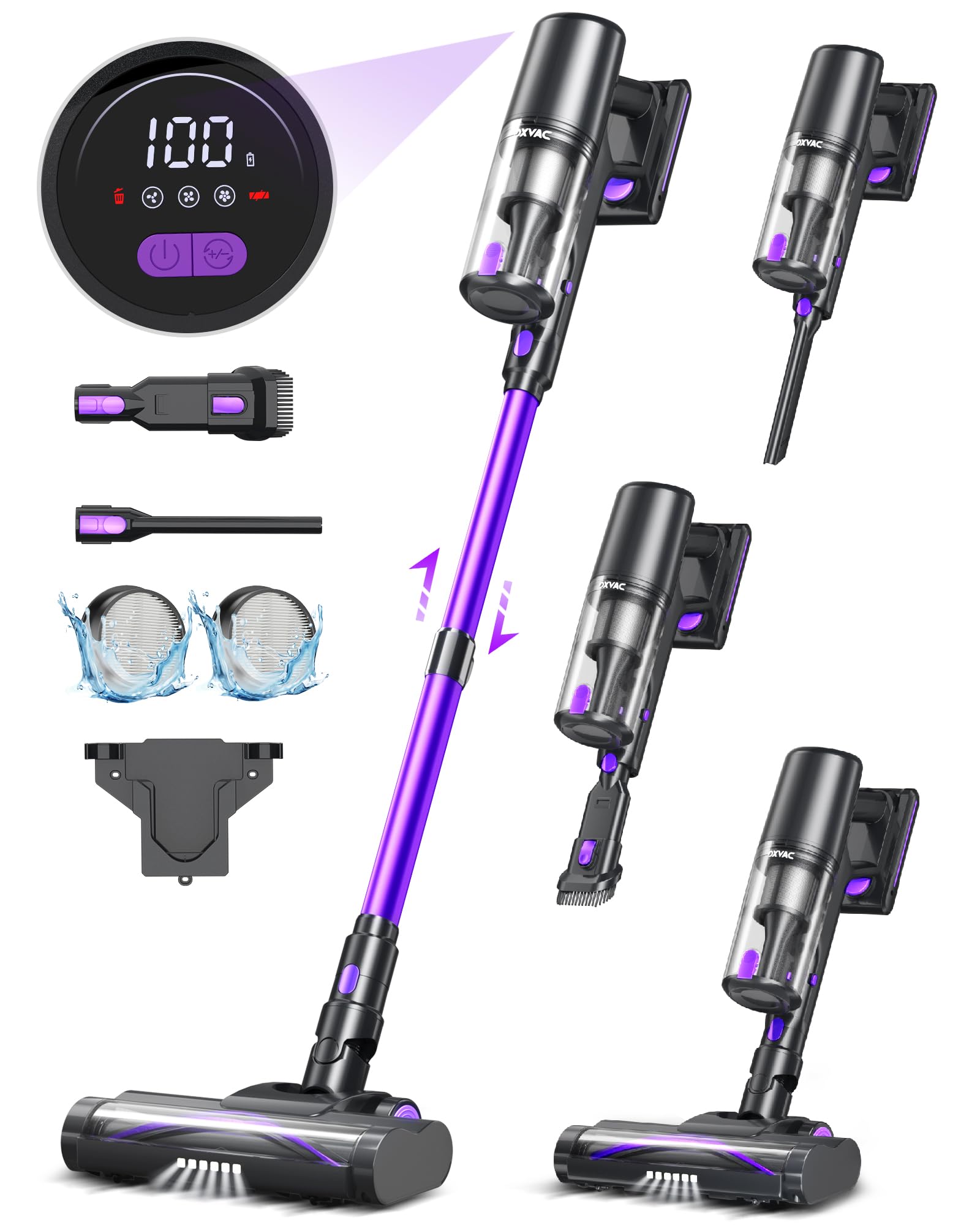OXVAC Cordless Vacuum Cleaner - 45KPA 550W Brushless Motor, LED Display, 50 Min Runtime, Detachable Battery | 6-in-1 Lightweight Stick Vacuum for Hard Floors, Carpets & Pet Hair | Perfect for Home Cleaning, Pet Owners & Car Detailing