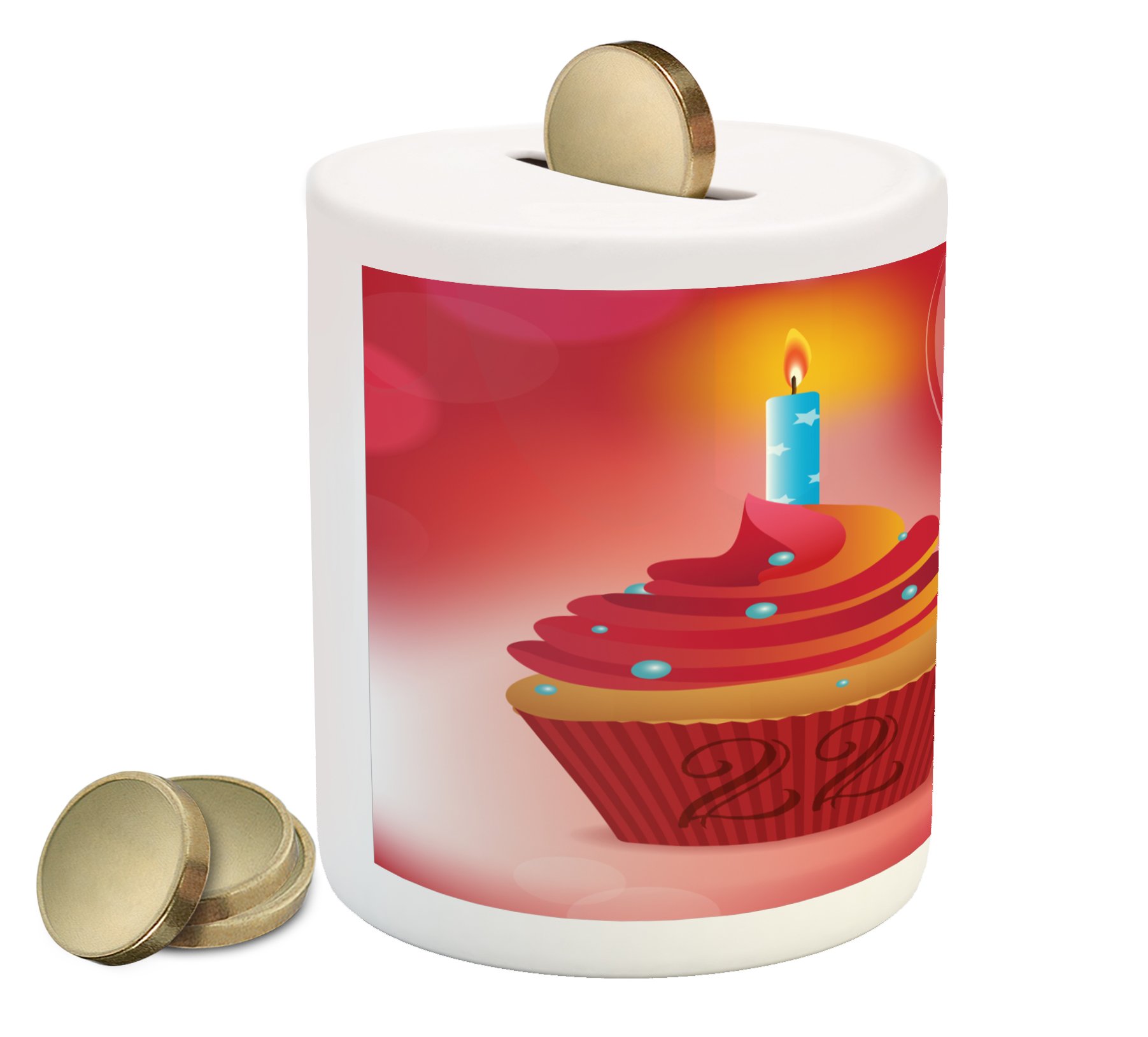 Ambesonne 22nd Birthday Piggy Bank - Ceramic Money Box with Cupcake & Candles Design for Cash Savings | Perfect Gift for 22nd Birthday Celebrations, Graduation, or Romantic Occasions | Red & Blue Color