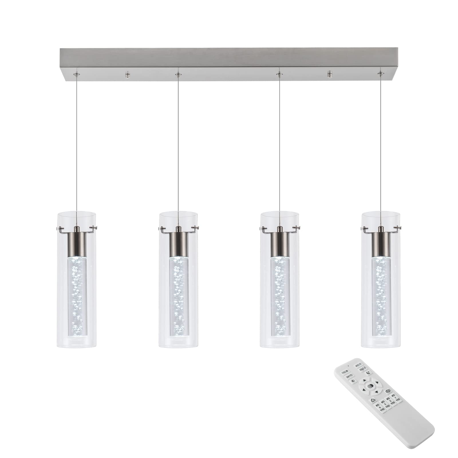 Dimmable LED Hanging Pendant Lights with Remote Control - 4-Light Brushed Nickel Fixture, Adjustable Warm/White/Cool Lighting for Kitchen Island, Dining Room, Restaurant, Living Room & Bedroom | Perfect for Modern Home Decor and Commercial Spaces
