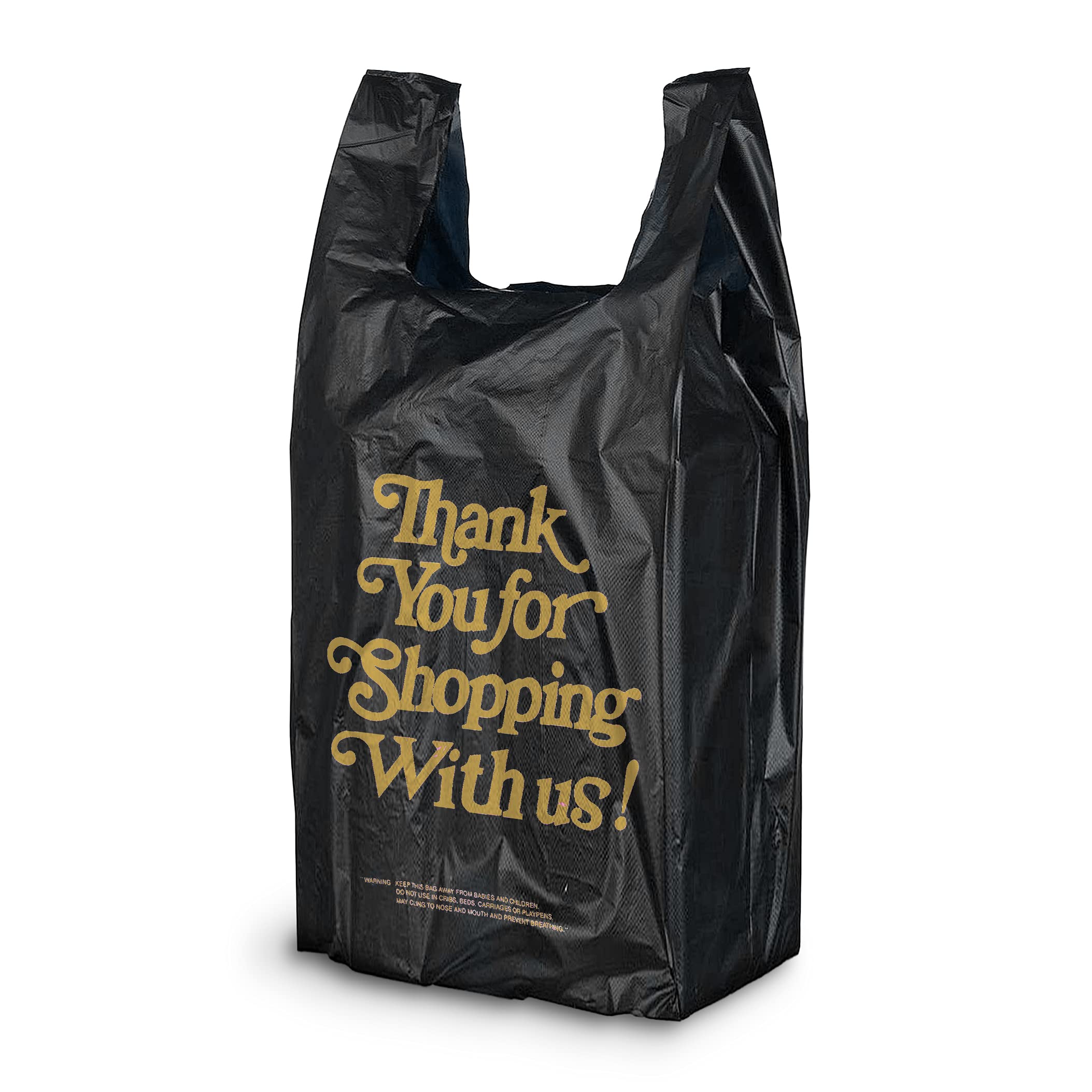 APQ 1000 Pack Thank You Plastic Bags 8x4.5x20 Inches - 24 Micron Thick Black T-Shirt Carry Out Bags for Retail, Liquor Stores & Restaurants | Durable Preprinted Shopping Bags for Clothes, Gifts & Takeout Orders