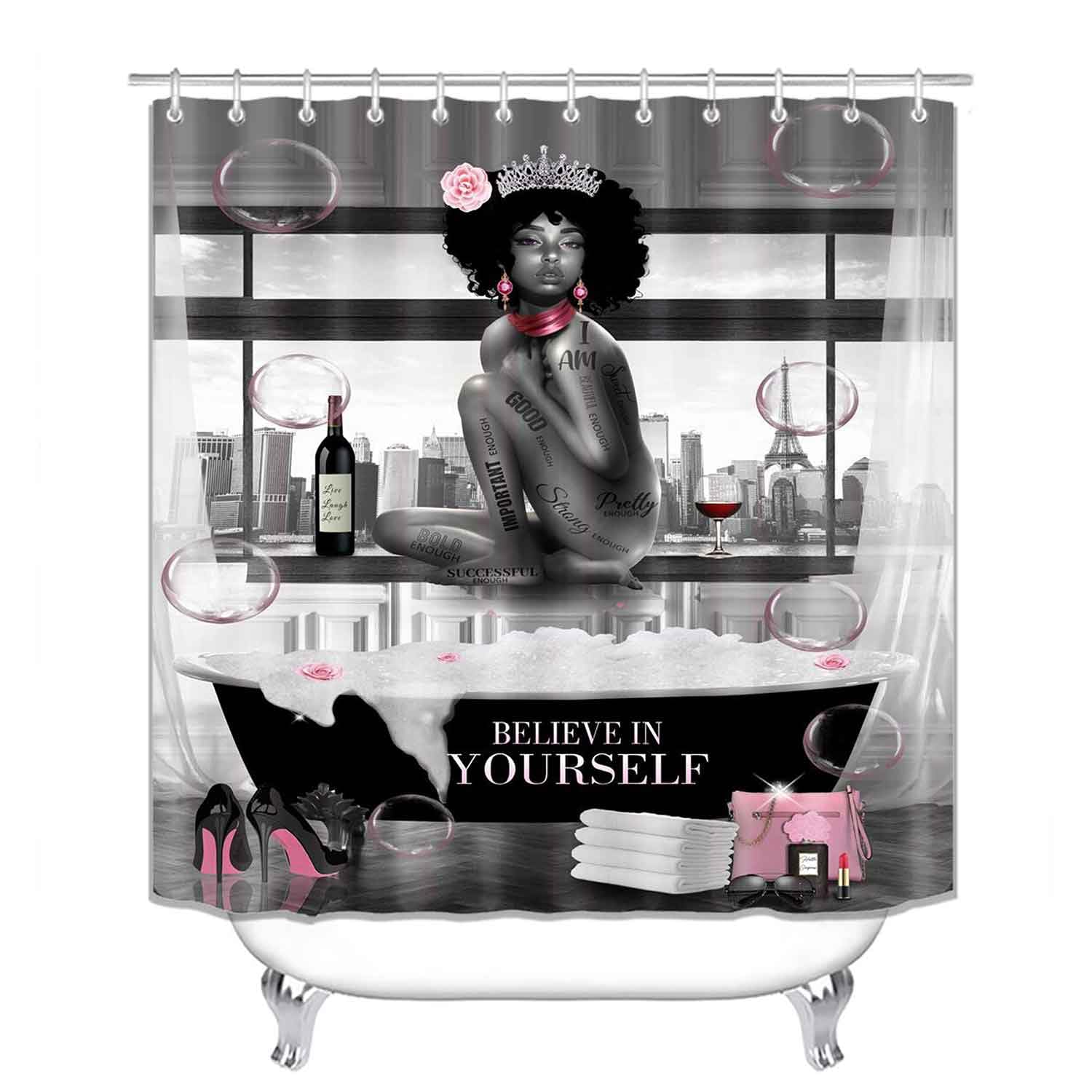 4PCS Black Woman Shower Curtain Set with Pink Floral High Heels & Wine Design - Afro Lady Bathroom Decor with Non-Slip Rugs - Inspirational Quotes for African American Women - Perfect for Romantic Bathroom Themes & Self-Care Moments