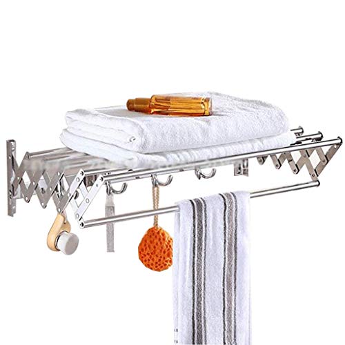 Wall Mounted Bath Towel Rack - Foldable Telescopic Drying Rack with Hooks for Bathroom & Shower (80cm) - Space Saving Laundry Organizer for Small Spaces & Apartment Living