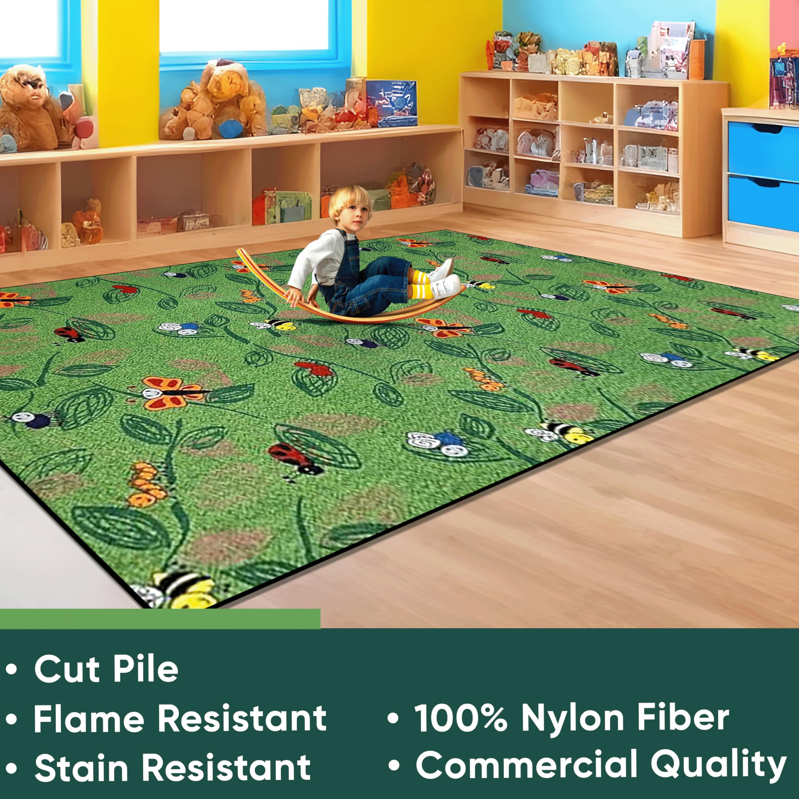 Buzzy Bugs Nylon Area Rug 12' x 6' - Colorful Nature Themed Kids Rug for Playroom, Classroom & Bedroom | Non-Slip Educational Carpet for Preschool Learning & Home Decor | Perfect for Storytime, Play Areas & Early Childhood Development Spaces