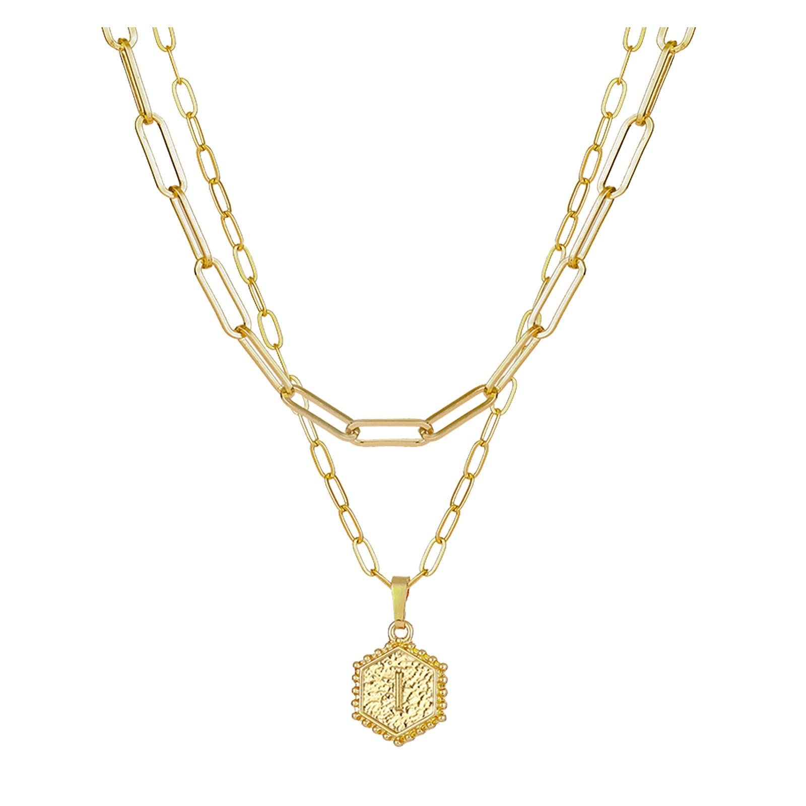 Sexy Gold Letter Pendant Necklace for Women - Double Paper Clip Design, Hexagon Shape, 26 Styles (I, One Size) | Perfect for Date Nights, Parties & Gifts