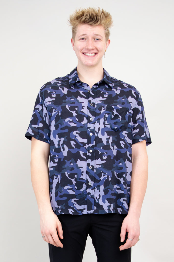 Dino Shirt for Men - Indigo Camo Print Woven Bamboo Fabric - Comfortable Casual Wear for Outdoor Adventures & Street Style