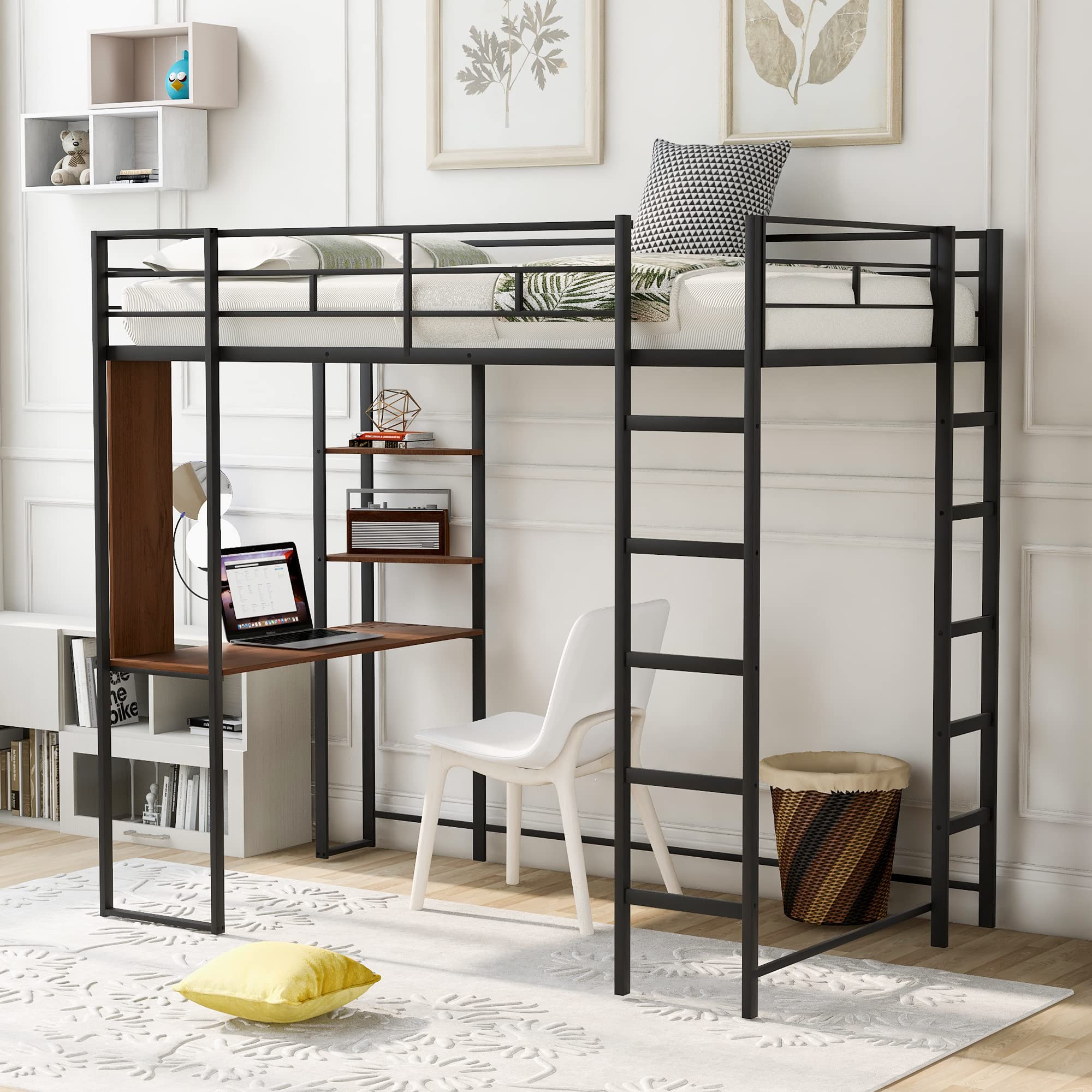 **Metal Loft Bed with Desk & Shelves - Twin Size Space-Saving Furniture with Guard Rails & Ladder - Sturdy Black Bed Frame for Kids - Perfect for Small Rooms, Dorms & Apartments**